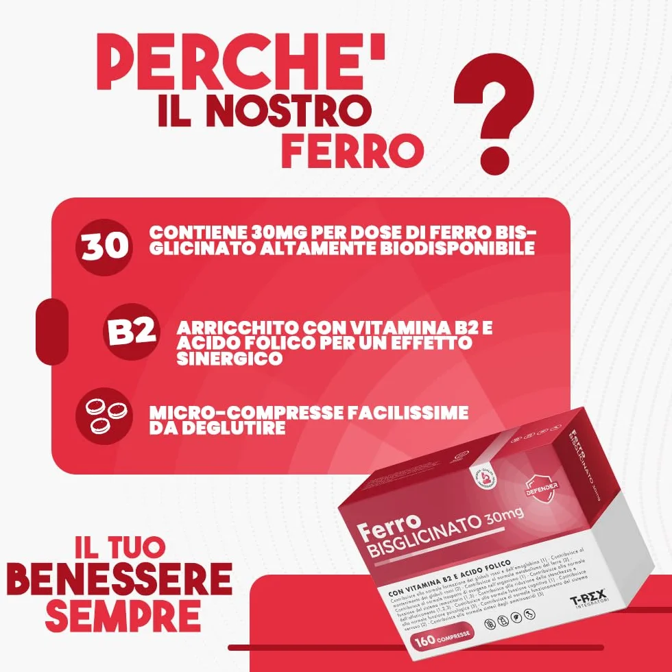 Ferro Integratore 30 mg Con Acido Folico e Vitamina B2-160 compresse - Per Globuli Rossi, Ossigeno, Sistema Immunitario, Stanchezza e Benessere Mentale