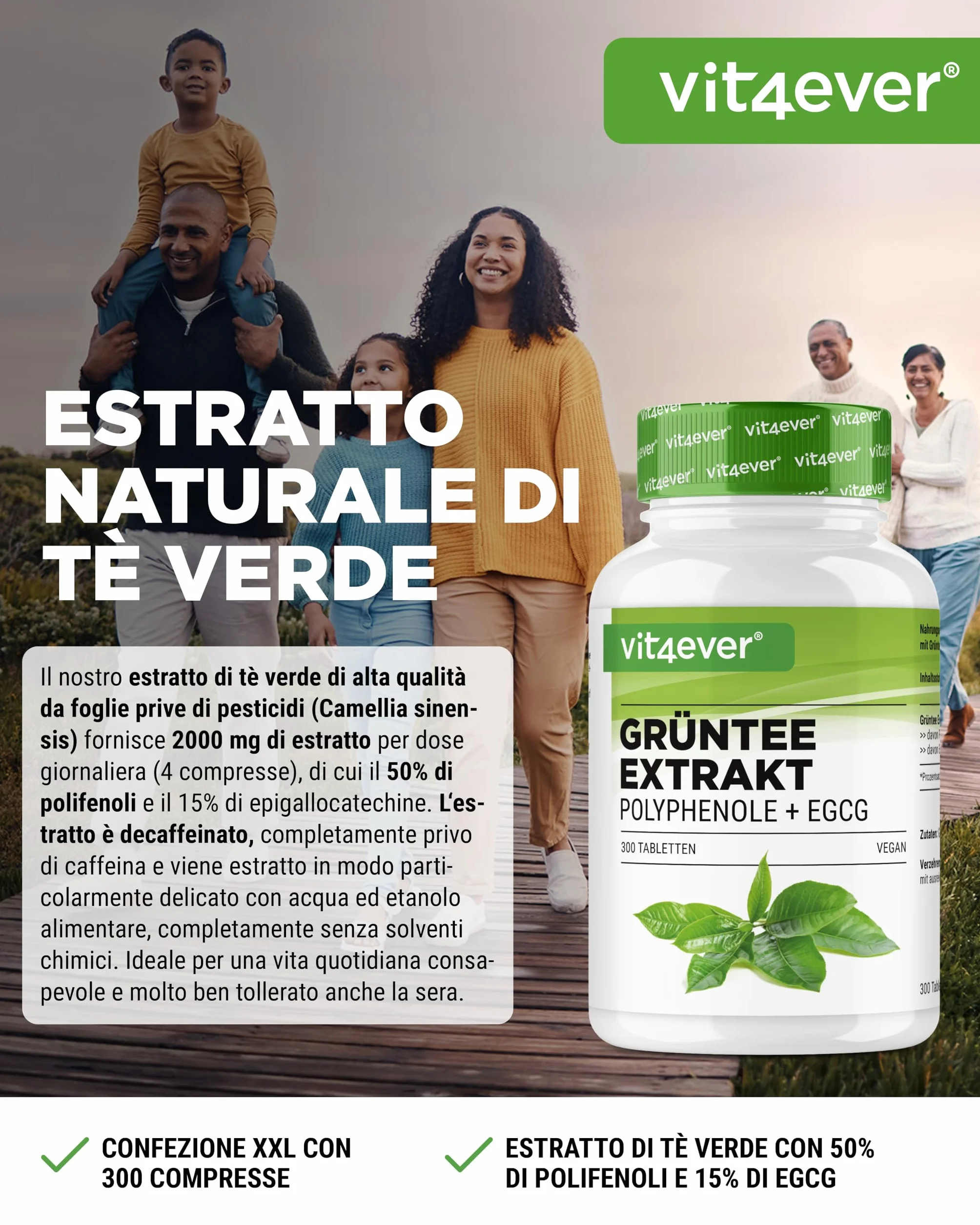 Estratto di tè verde 300 compresse ad alto dosaggio - 2000 mg di estratto di tè verde, 300 mg di EGCG e 1100 mg di polifenoli per dose giornaliera - Tè verde - Vegan