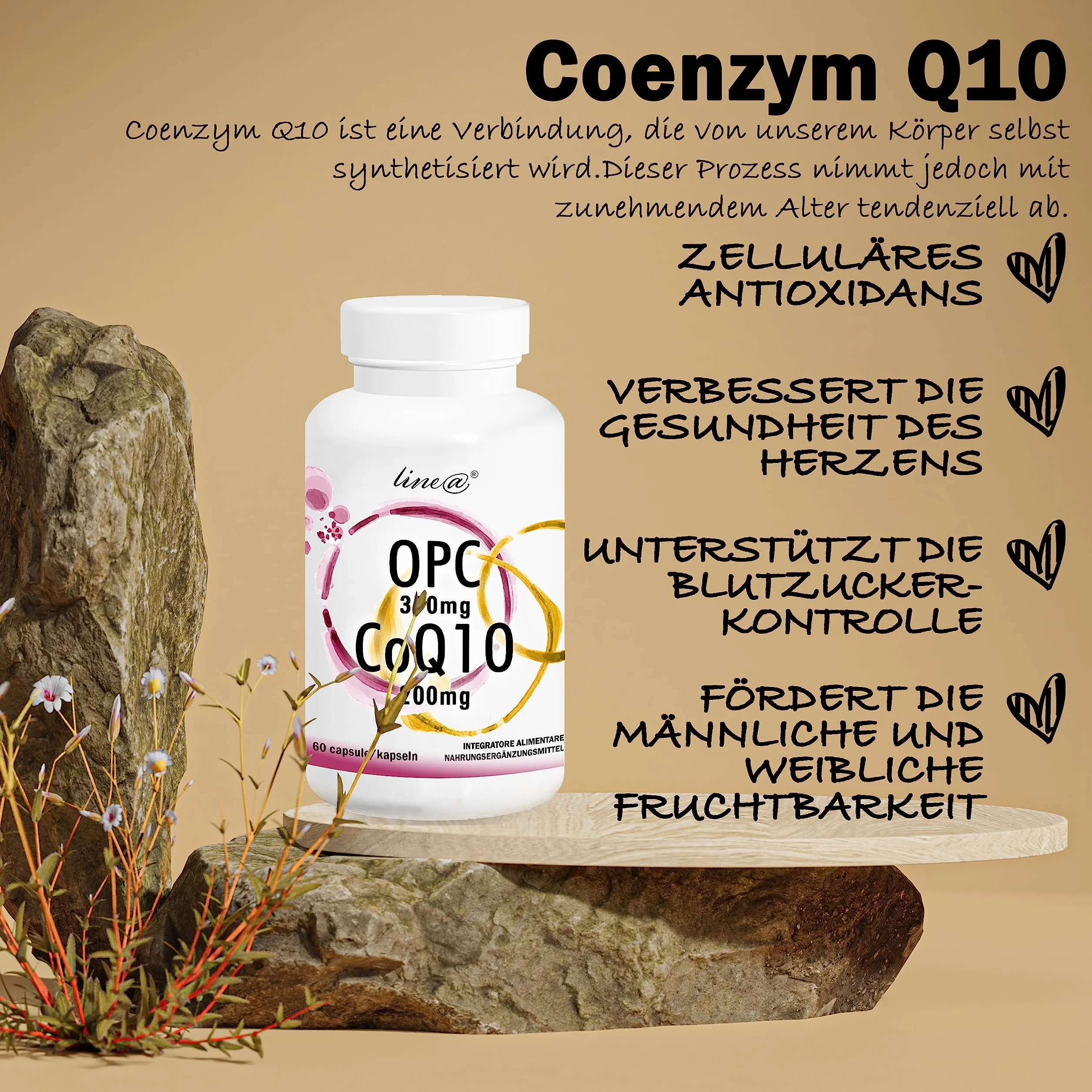 OPC e CoQ10 Line@ | Potente ANTIOSSIDANTE 2 in 1 | E.s. di VITE ROSSA 370mg e COENZIMA Q10 200mg | 60 capsule | 2 MESI