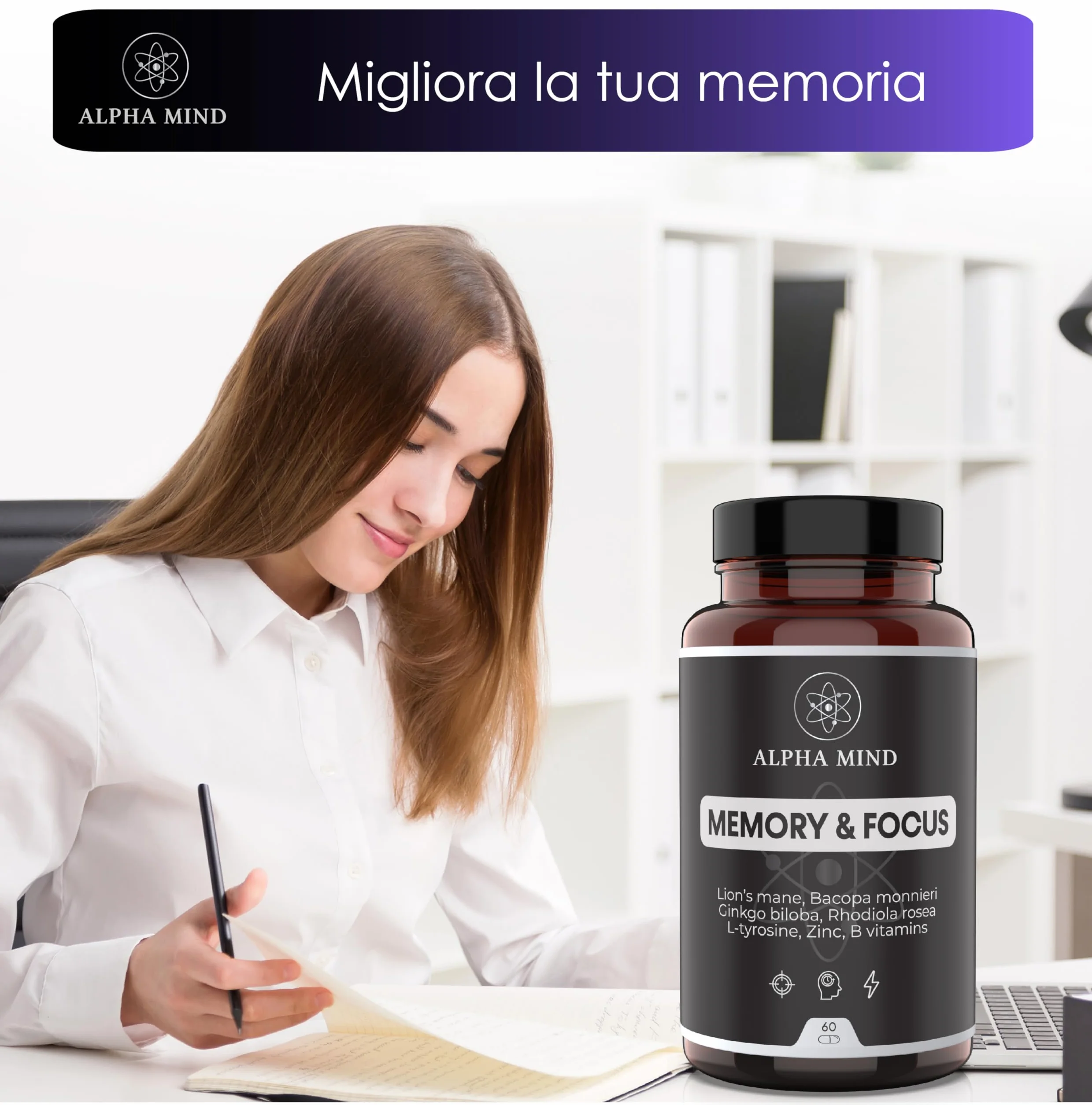 Nootropico Potente Naturale - Concentrazione, Memoria, Agilità Mentale - Con Lions mane, Ginkgo biloba, Bacopa Monnieri, Rhodiola Rosea, L Tirosina, Zinco, Vitamine B - Senza Caffeina