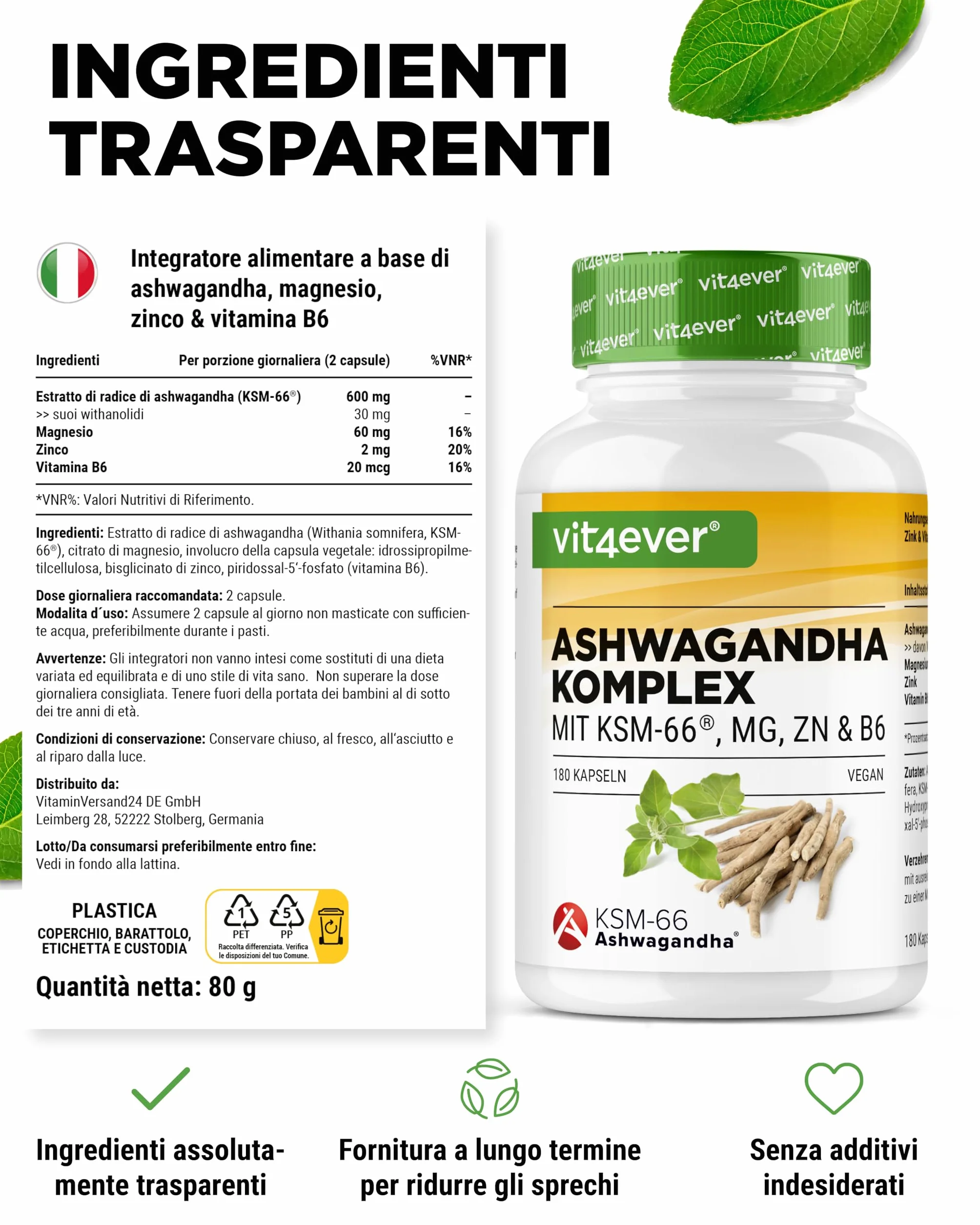 Complesso di Ashwagandha KSM-66® 180 capsule 600 mg con magnesio, zinco e vitamina B6 Vegan