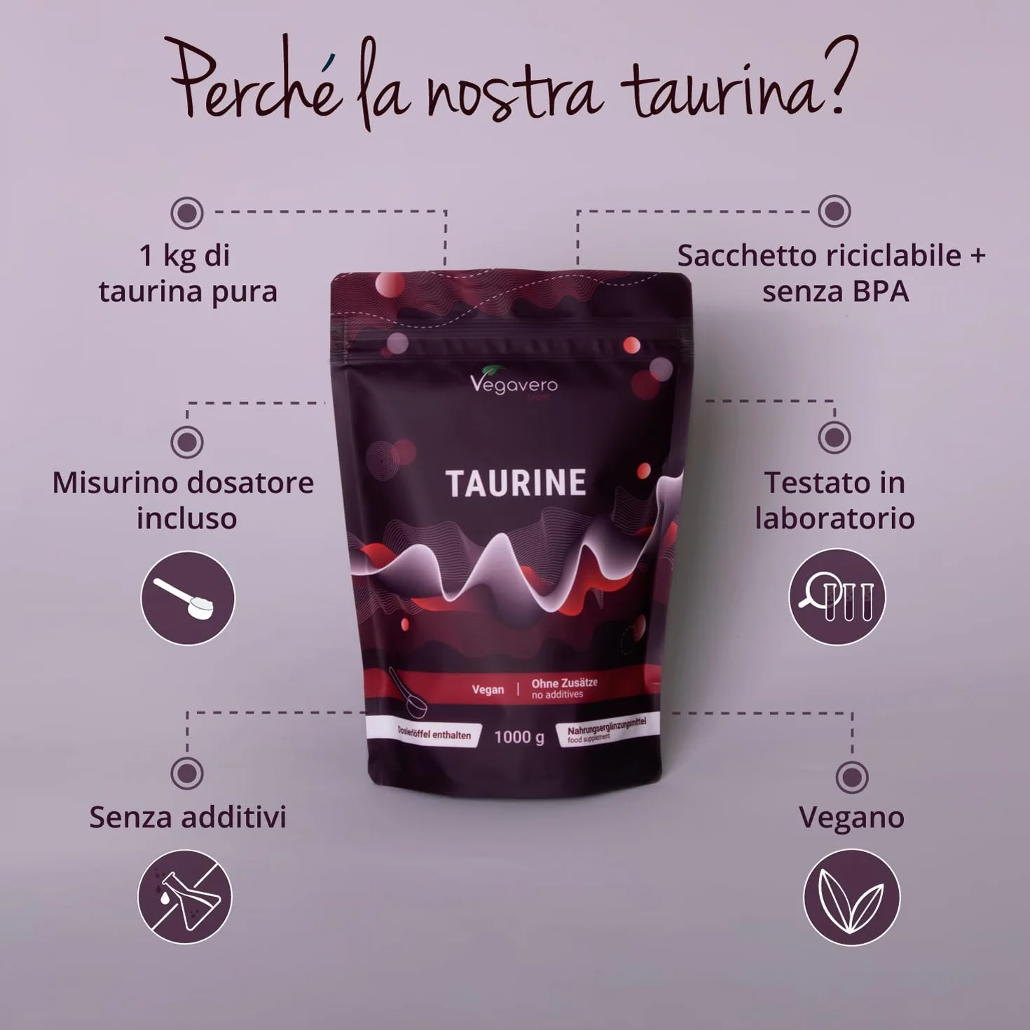Taurina in Polvere 1 Kg 3000 mg per Dose Giornaliera Integratore Sport Pre Post Workout Energizzante Altamente Dosato Vegan Senza Additivi Vegavero®