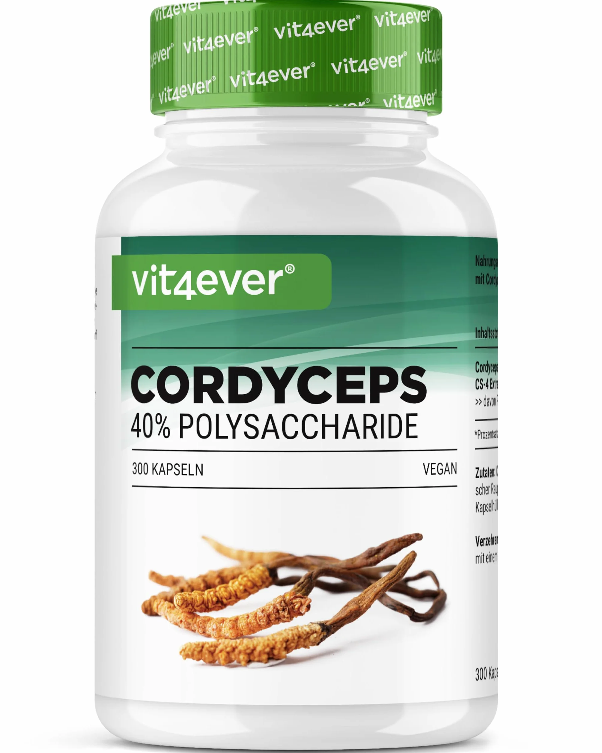 Fungo Cordyceps - 300 capsule con 650 mg di vero estratto CS-4-40% di polisaccaridi bioattivi - dose elevata - fungo bruco - vegano