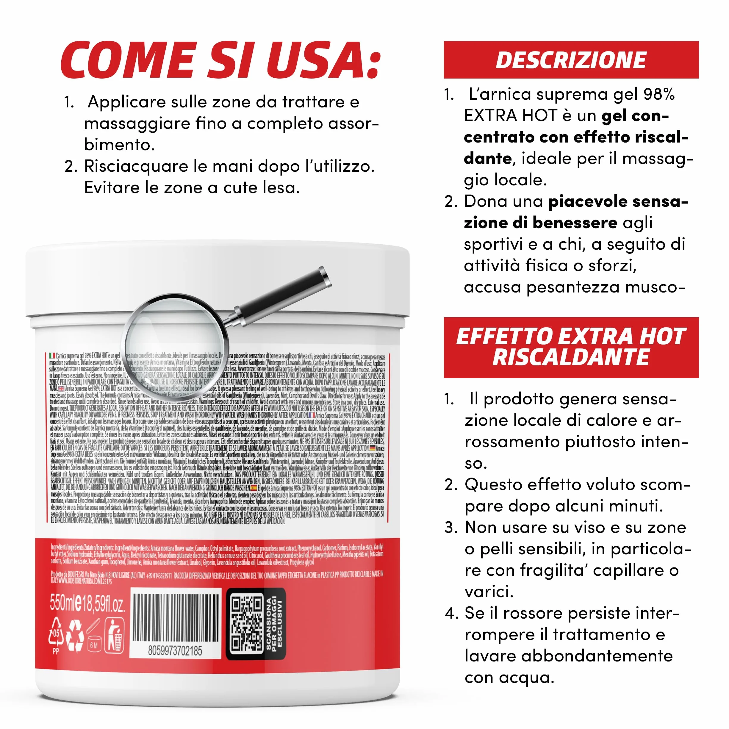 ARNICA SUPREMA GEL 98% SUPER HOT, 2x550ml, Extra Forte Crema Riscaldante, Muscoli e Articolazioni