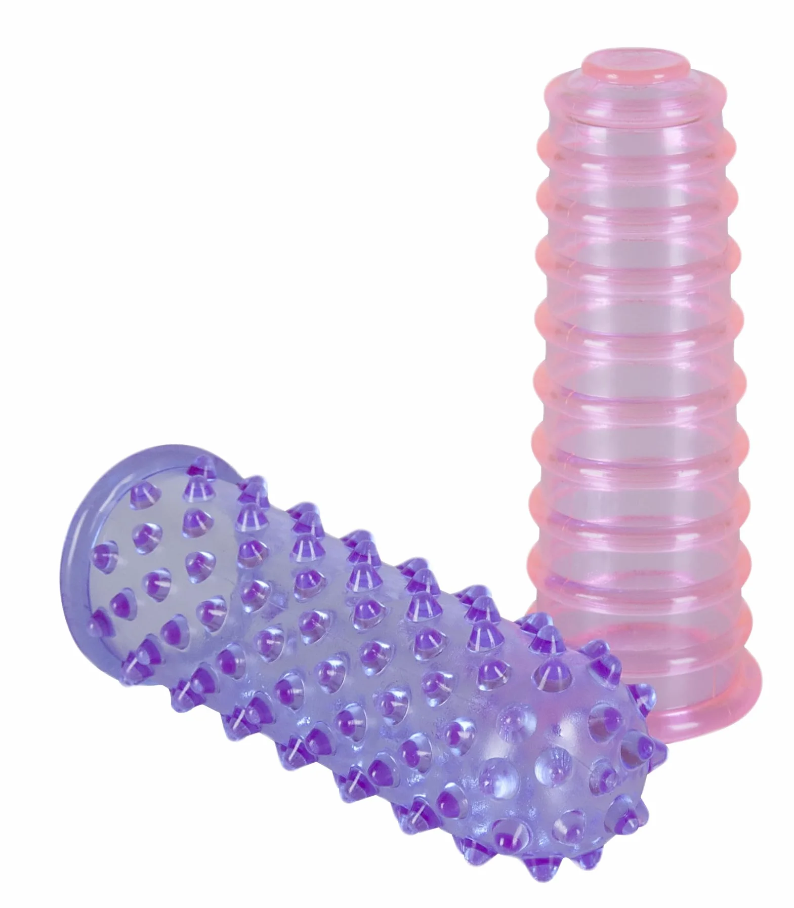 Orion Love Fingers 513172 - Set di 2 preservativi in lattice, 8 cm e Ø 2,5 cm, 1 con borchie, 1 a coste, colore: Viola e Rosa