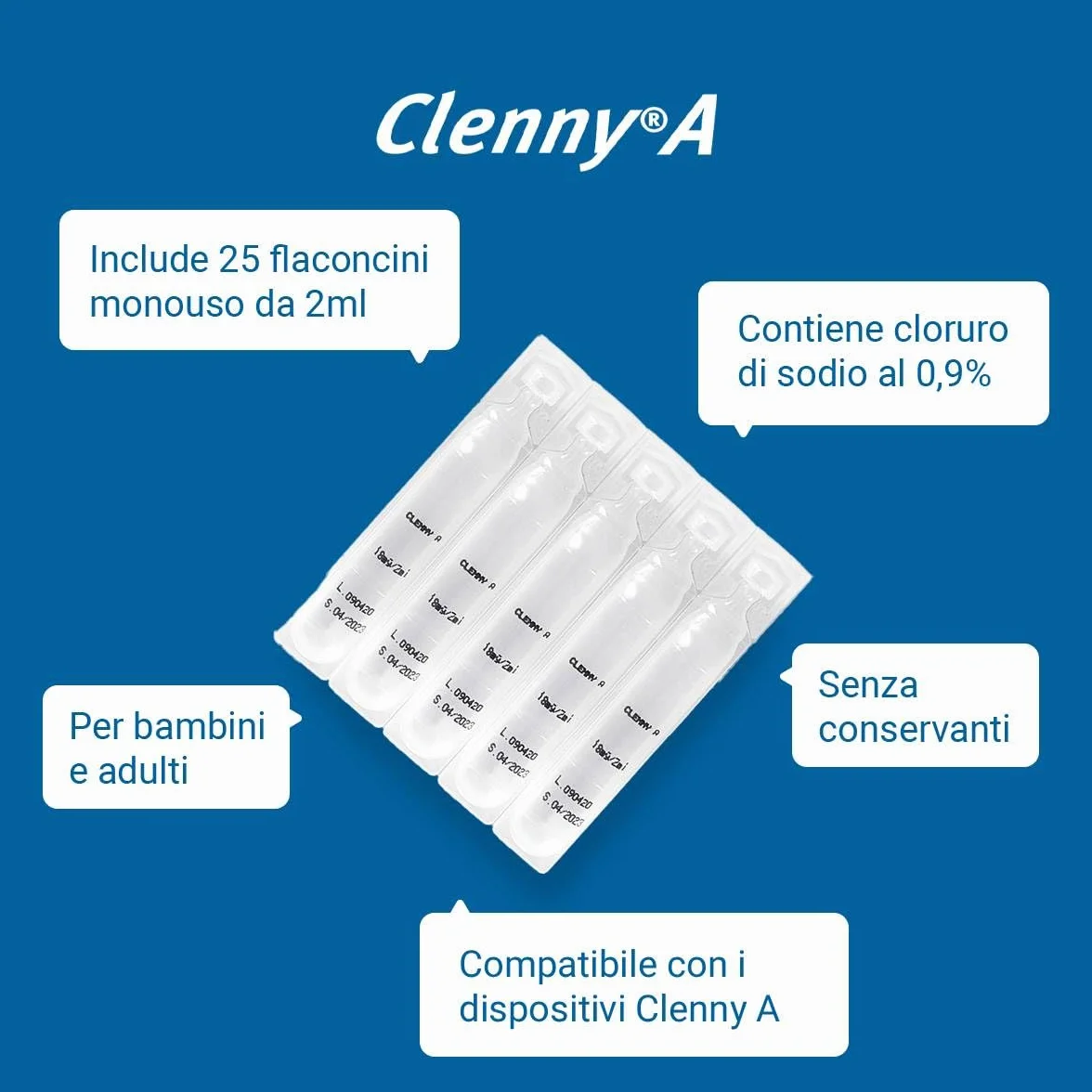 Clenny A Soluzione Fisiologica Sterile Predosata per Aerosolterapia 25 Flaconcini Monouso 2ml