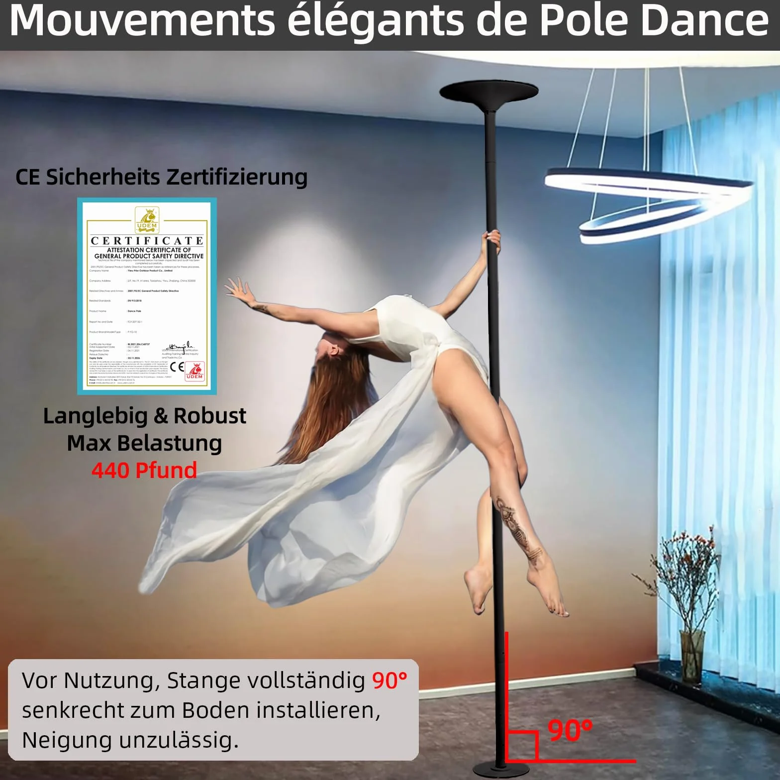 PRIOR FITNESS Pole Dance Asta da ballo 45 mm 2,35-2,74 m regolabile rotante/statica 200 kg club feste