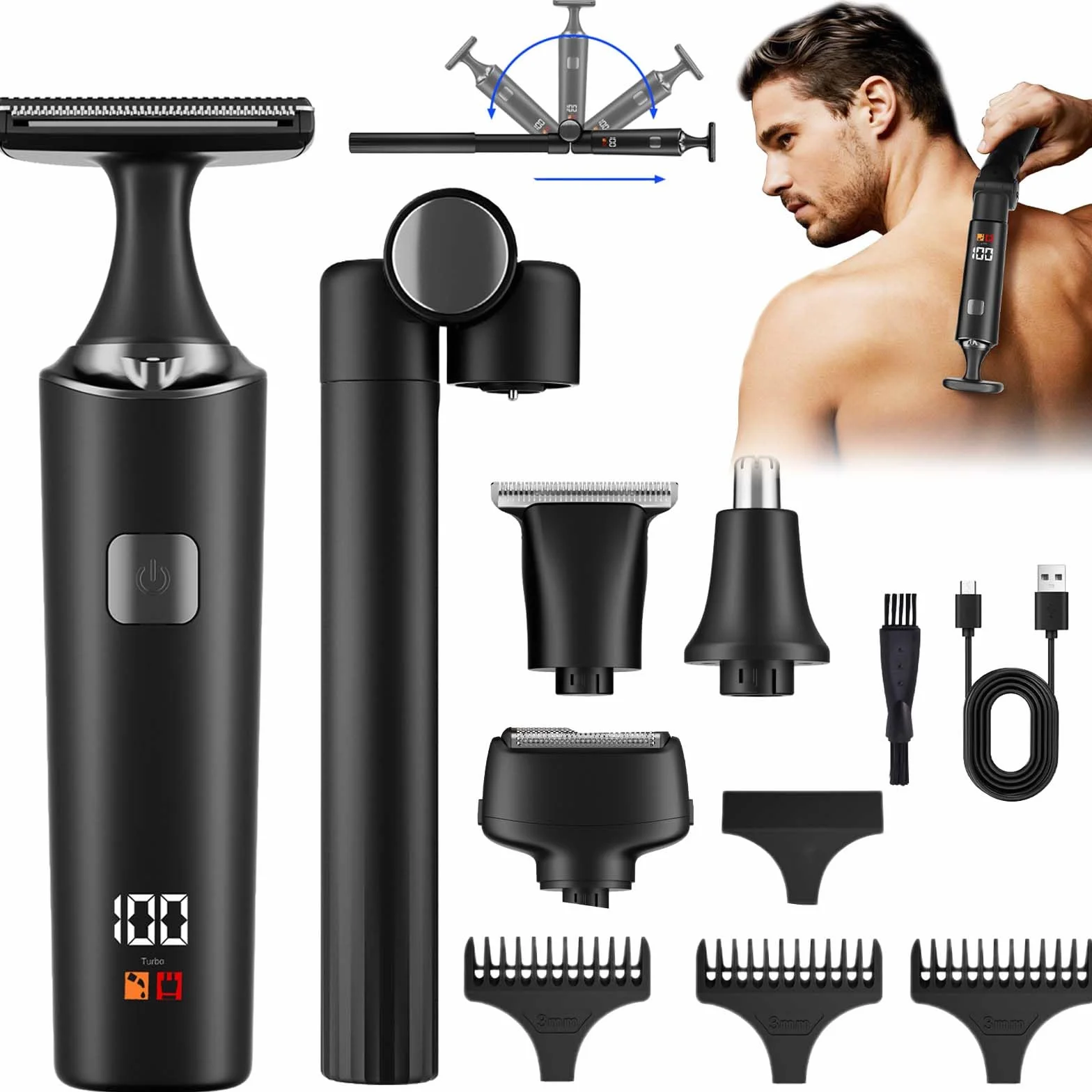 Rasoio Elettrico Per La Schiena Da Uomo, Depilatore Corpo Uomo Kit 5 In 1 Con Braccio Ausiliario Allungabile, per viso, Mento, Braccio, Schiena, Peli Pubici (A)