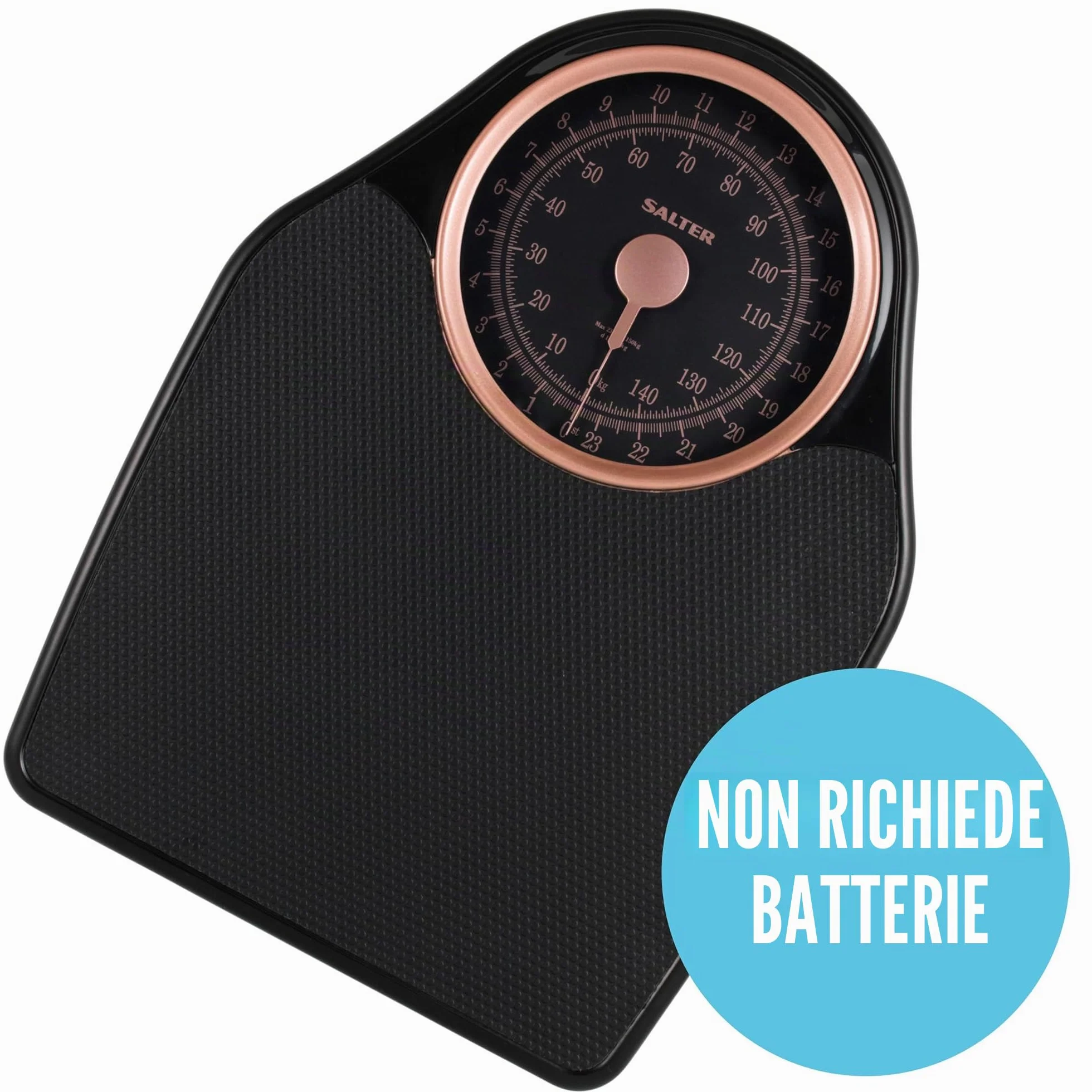 Salter 145 RGFEU16 Bilancia meccanica Doctor Style - capacità massima 150 Kg, quadrante di facile lettura con puntatore rotante, ampia piattaforma con tappetino in vinile, senza batteria, oro rosa