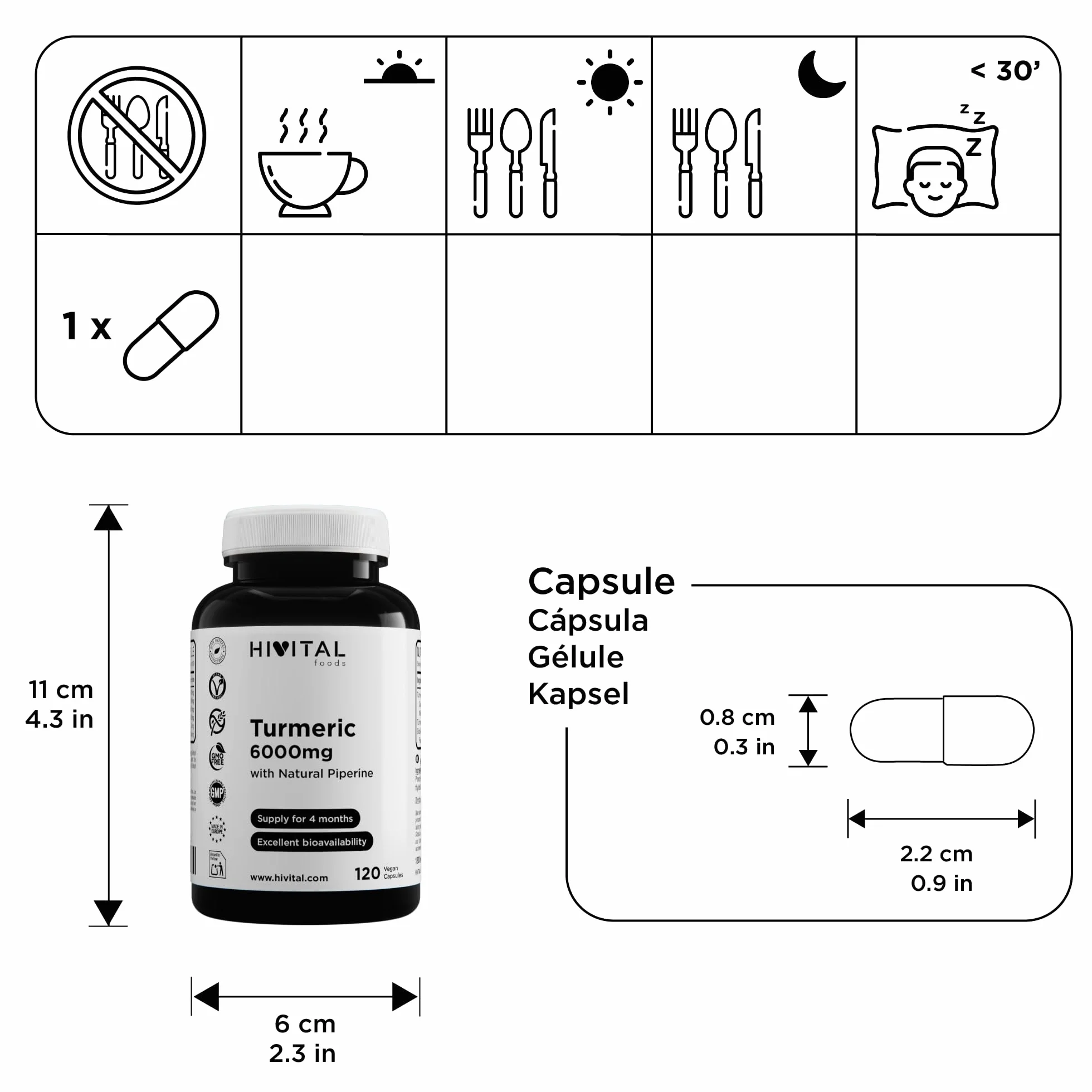Curcuma 6000 mg 120 capsule vegane Estratto concentrato 95% Curcumina 285 mg Pepe Nero HIVITAL