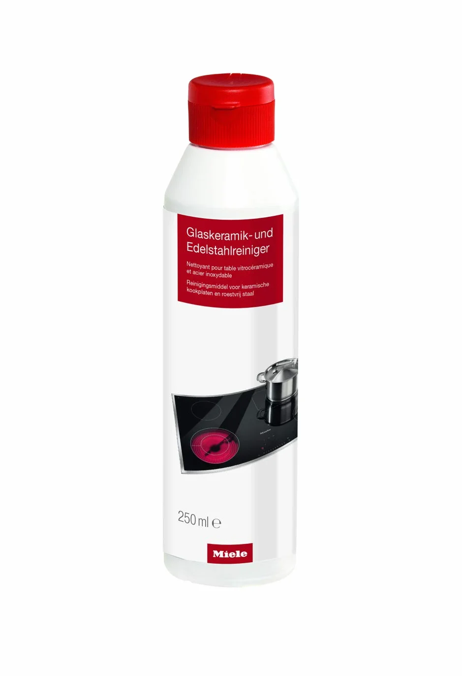 Miele 10173120 Detergente per Vetroceramica e Acciaio Inox, Prodotto per una Pulizia Delicata, Formula con Micro Cristalli per Rimuovere Grasso, Residui e Macchie d'Acqua, 250 ml