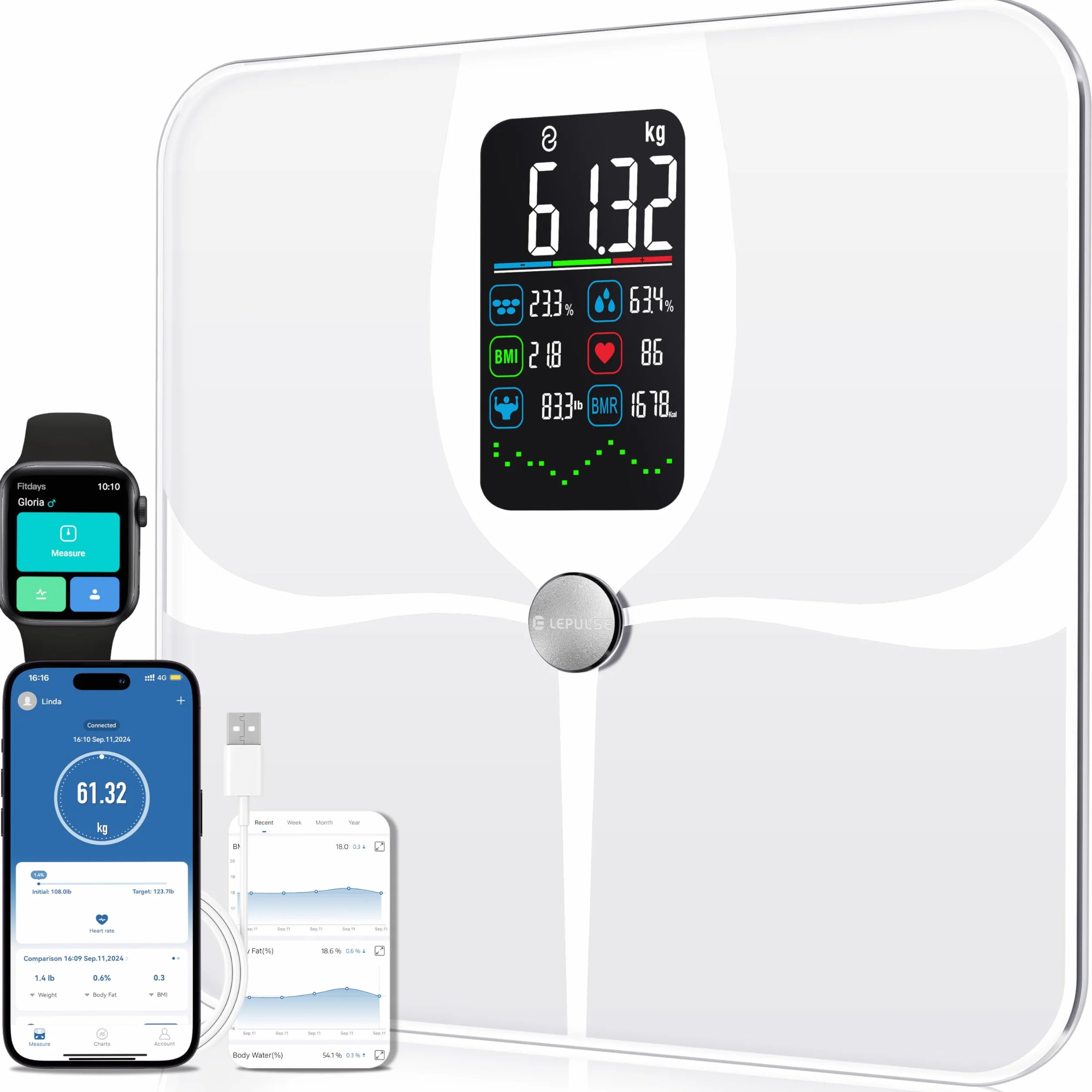Lepulse Bilancia Impedenziometrica Intelligente Display Grande, Analisi Grasso Corporeo, Massa Muscolare, IMC, 22 Misurazioni con App