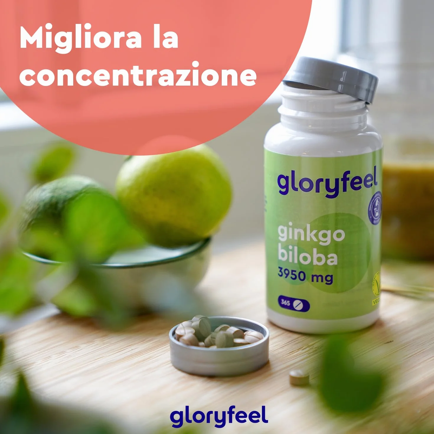 Ginkgo Biloba 50:1 Estratto 3950 mg Integratore Circolazione Concentrazione Memoria 365 Compresse
