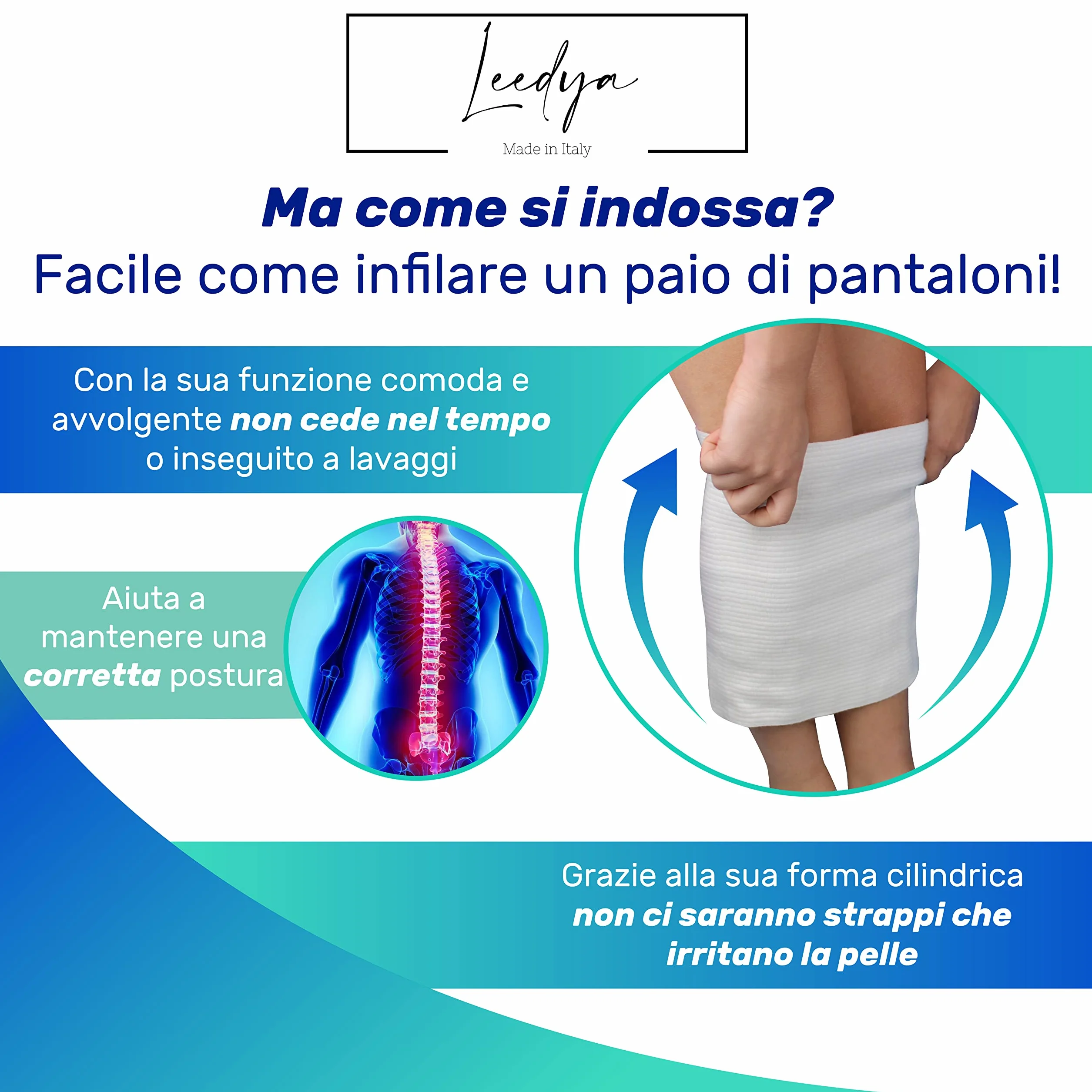 Leedya Fascia Lombare Supporto Schiena Elasticizzata 100% Made In Italy, Pancera Addominale Riscaldante per Mal Di Schiena - Pancera Post Operatoria in lana e cotone (Tg 6/XL 106/120 Cm, Bianco)