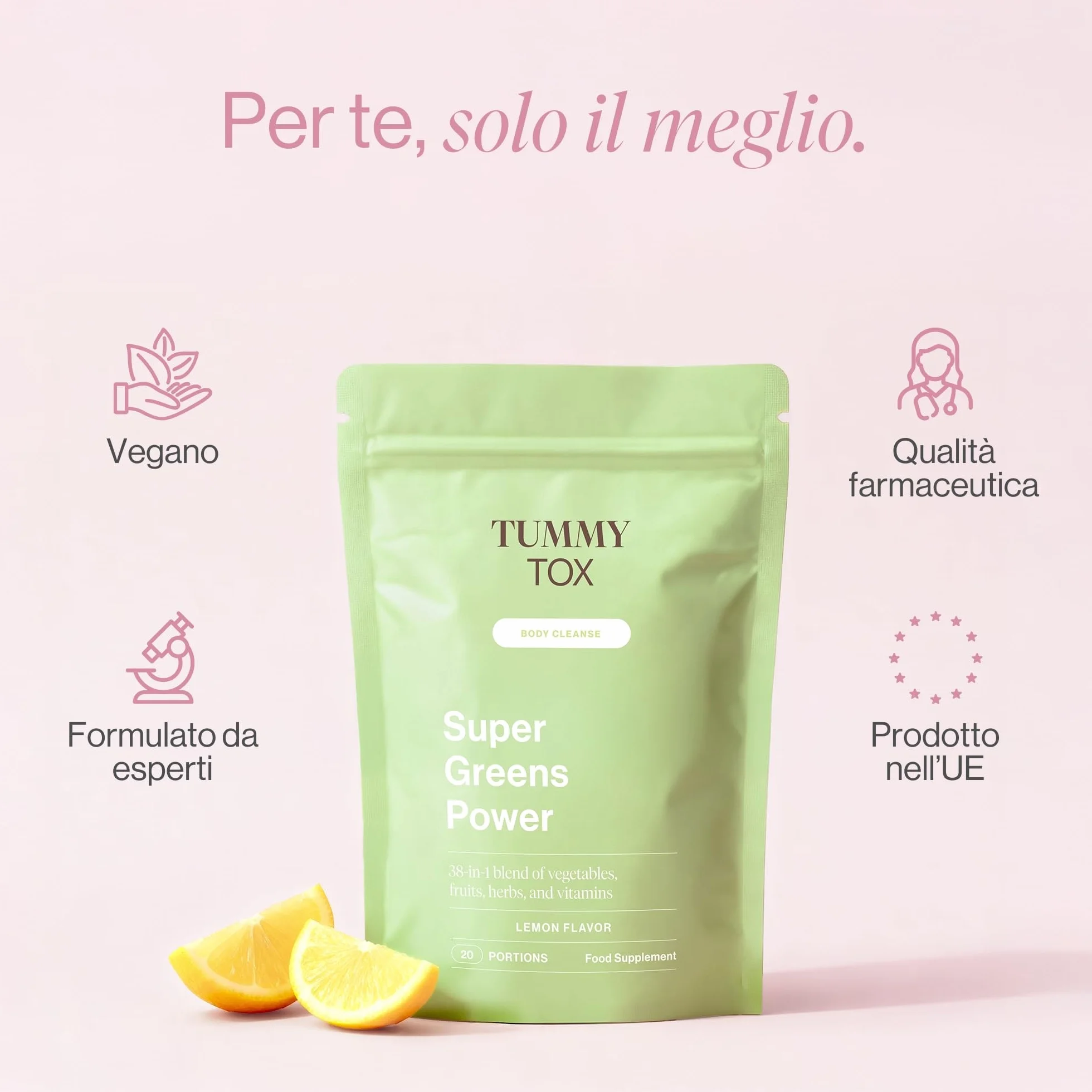 Super Greens Power con Guaranà, Inulina e Tè Verde - Gusto Limone - Bevanda Supergreen in Polvere con Radice di Cicoria, Carciofo, Colina e Vitamine - 160 g - TummyTox