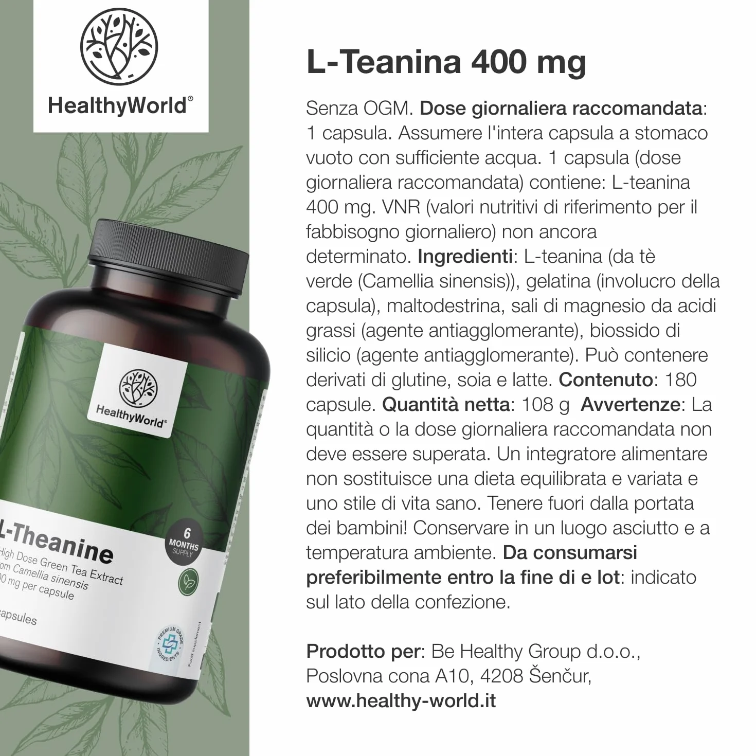 HealthyWorld L-Teanina 400 mg - 180 Capsule - Estratto di tè verde - Alta concentrazione - Aminoacido efficace - Supporto naturale per l'organismo - Vegetariano e non OGM