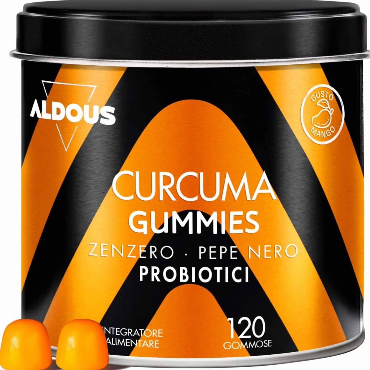 Curcuma e Zenzero con Pepe Nero + PROBIOTICI - 2500mg - 120 Caramelle Gommose - Sapore Naturale di Mango e Zenzero Piccante - ALDOUS