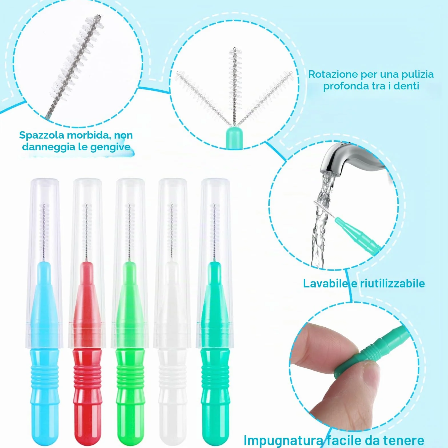 Scovolini Dentali 50 Pezzi, Scovolino per Pulizia Denti con Coperchio, Spazzolini Interdentali per Igiene Orale (5 Colori)