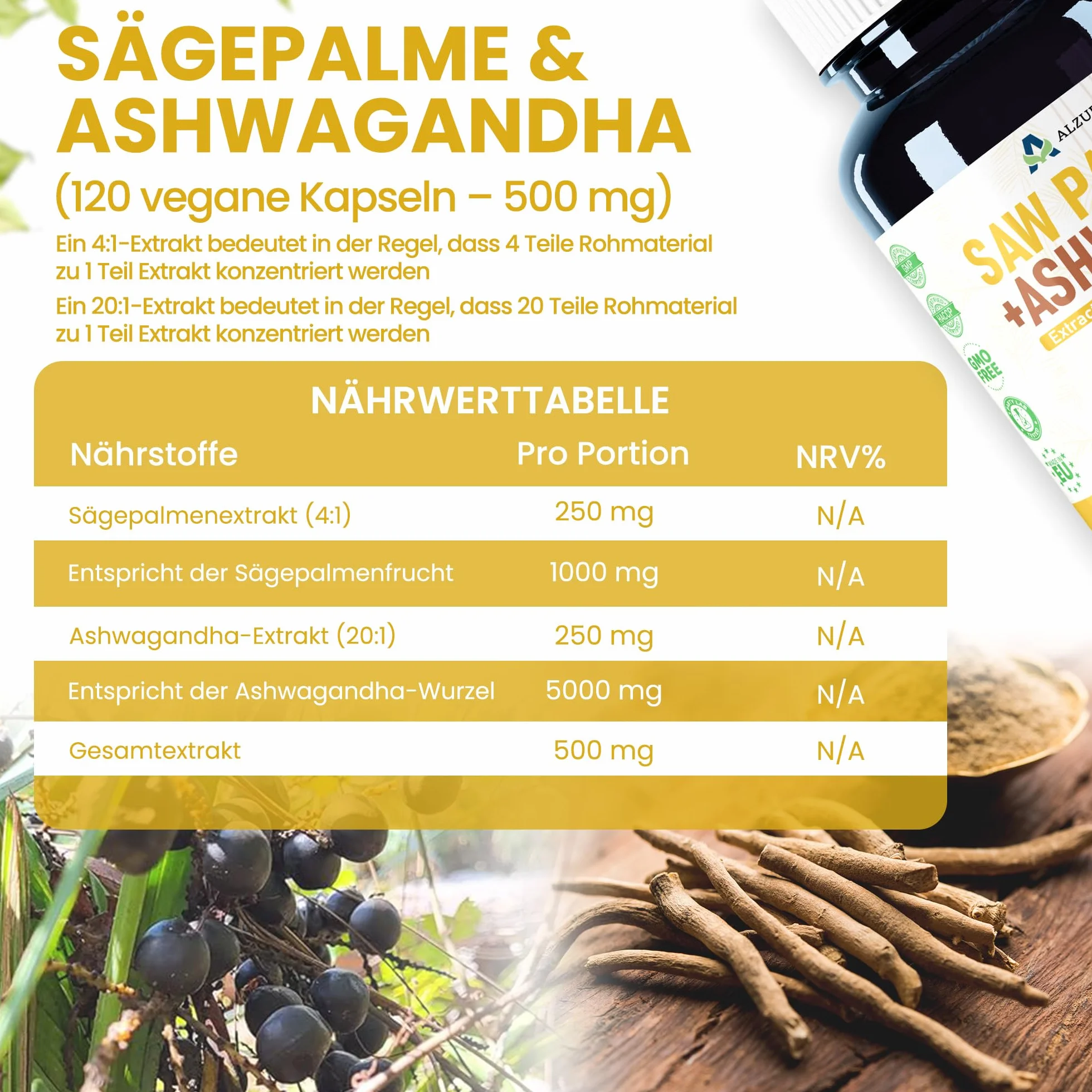Saw Palmetto & Ashwagandha 500 mg 4:1 & 20:1 Extract 120 Veg Capsules Serenoa Repens GMP