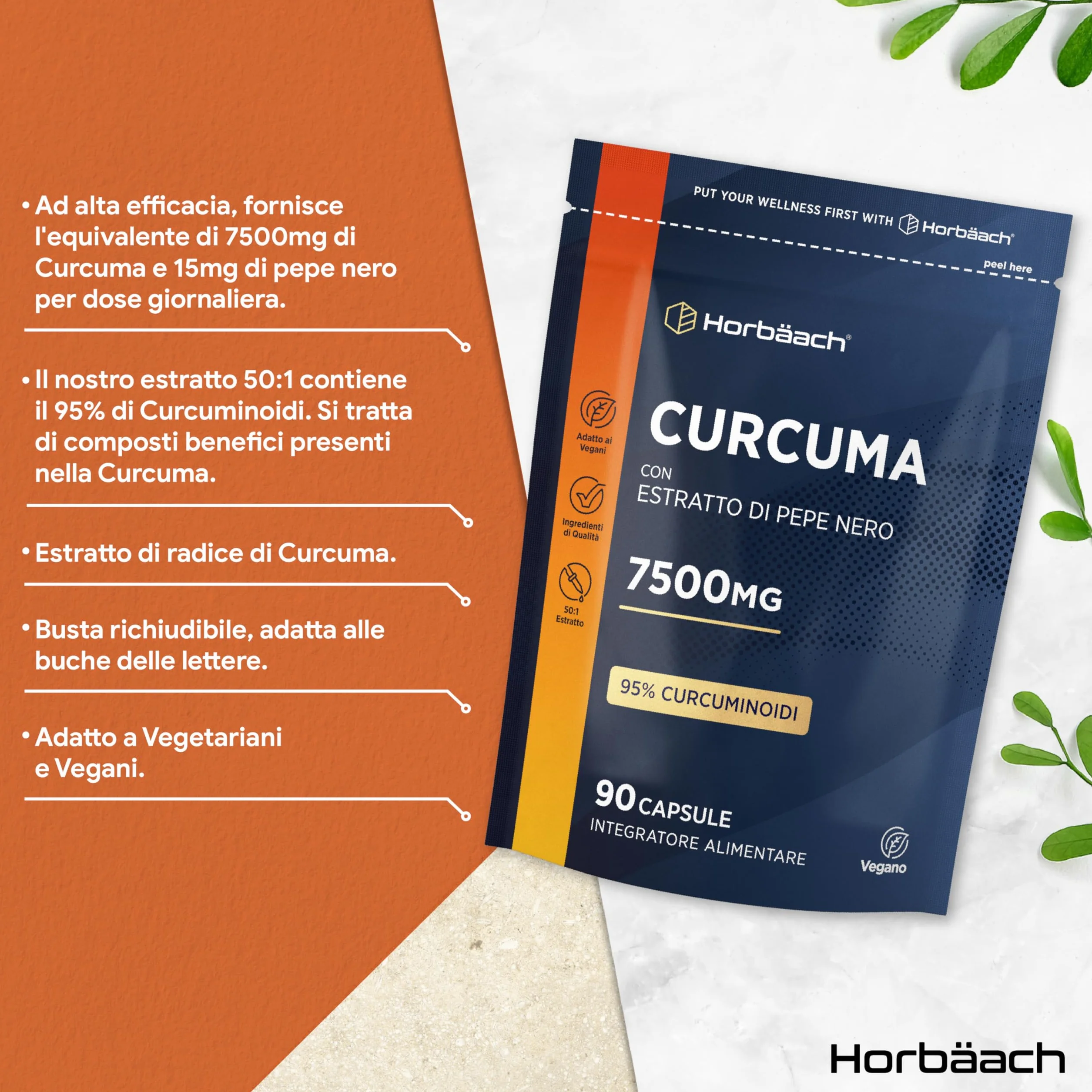Curcuma Capsule 7500mg Horbaach Alta Dosaggio Curcumina e Piperina Turmeric and Black Pepper