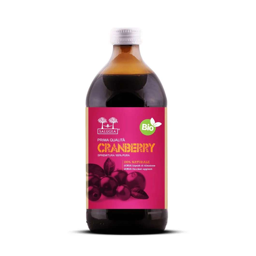 SUCCO DI CRANBERRY BIO Salugea - Mirtillo Rosso Americano - 100% Puro E Biologico - Integratore per le Vie Urinarie e Sistema Immunitario - Flacone in Vetro Scuro Farmaceutico - 500 ml