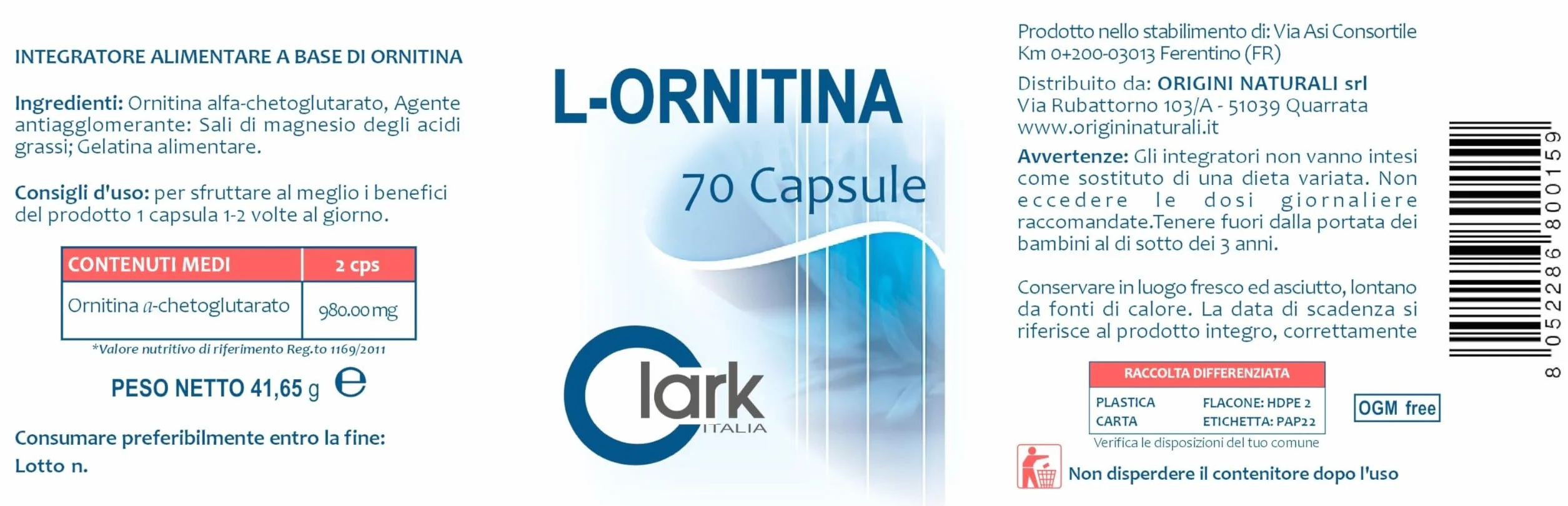 L Ornitina Integratore Alimentare 70 capsule 595 mg