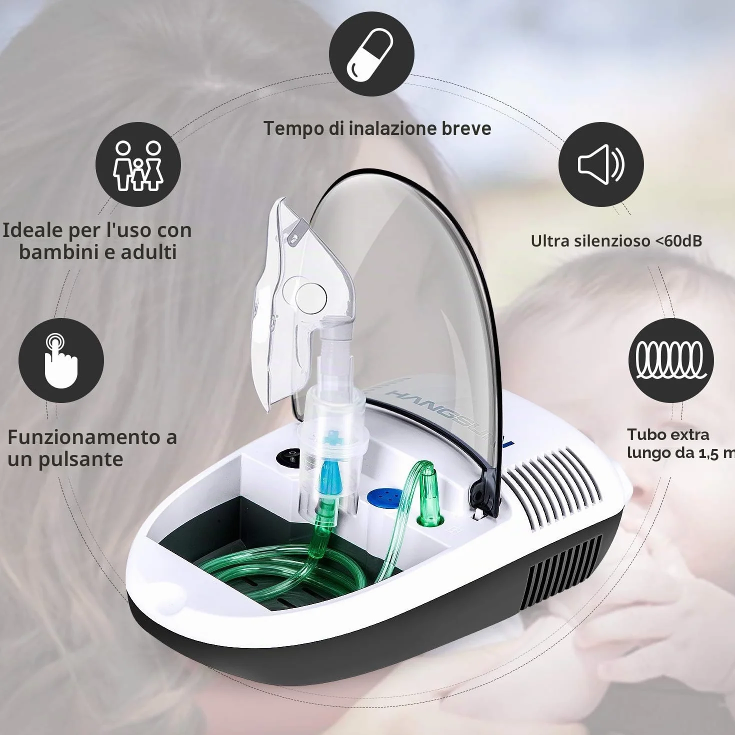 Hangsun Aerosol a Pistone Inalatore Nebulizzatore Silenzioso Portatile per Adulti e Bambini, con accessori per adulti e bambini