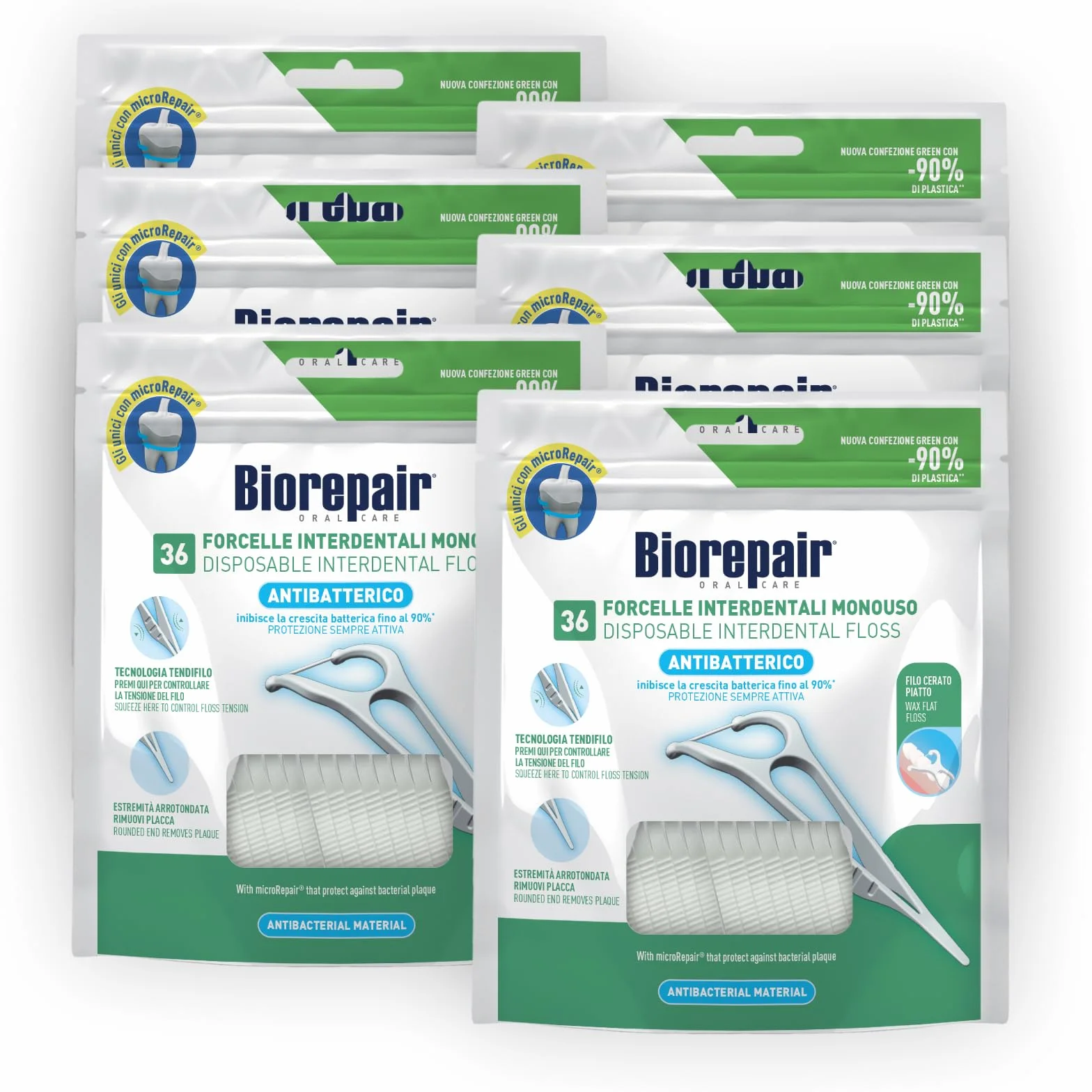 Biorepair, Forcelle Interdentali Monouso Con Microrepair® per Spazi Regolari e Stretti, per Igiene Orale, Ripara-Smalto, Aroma Menta Fresca, Pacco da 6 x 36 Pezzi