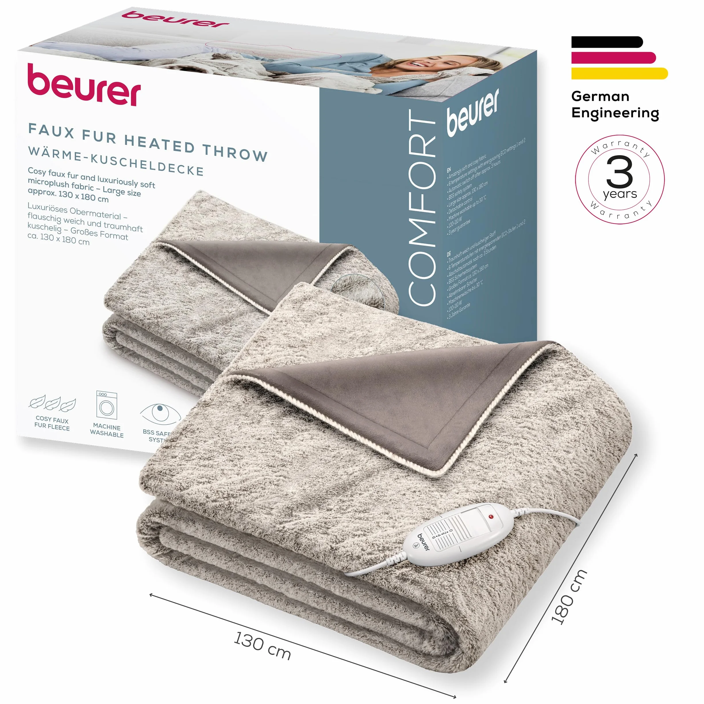 Beurer HD 75 Nordic Coperta elettrica, effetto pelliccia sintetica, con 6 livelli di temperatura, lavabile in lavatrice a 30 °C, coperta elettrica con spegnimento automatico, beige/marrone, 180x130 cm