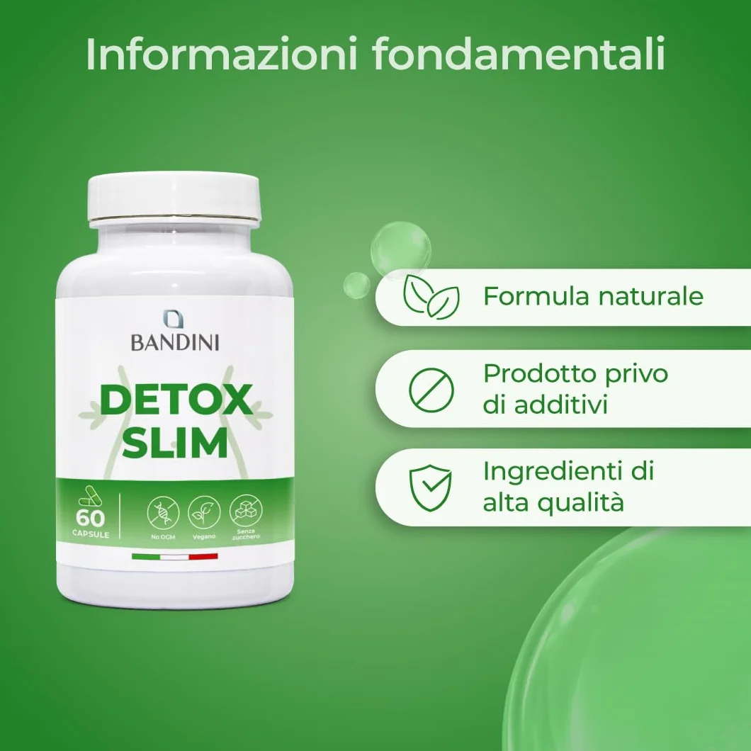 Bandini DETOX SLIM 60 Capsule Vegan Drenante Antiossidante Depurativo Detossificante Fegato Intestino Estratti Vegetali Bromelina Tarassaco Pilosella Betulla