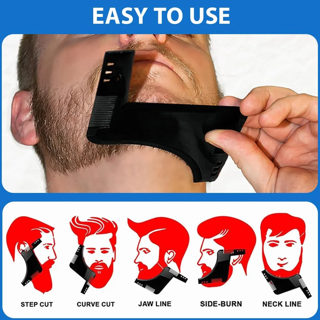 Set di Accessori per Barba:2 Pezzi Stencil Pettine per Barba Uomo+Con 1 Pezzo di Stoffa Bianca,Spazzola da Barba,Regalo da Uomo per il Parrucchiere(Nero)