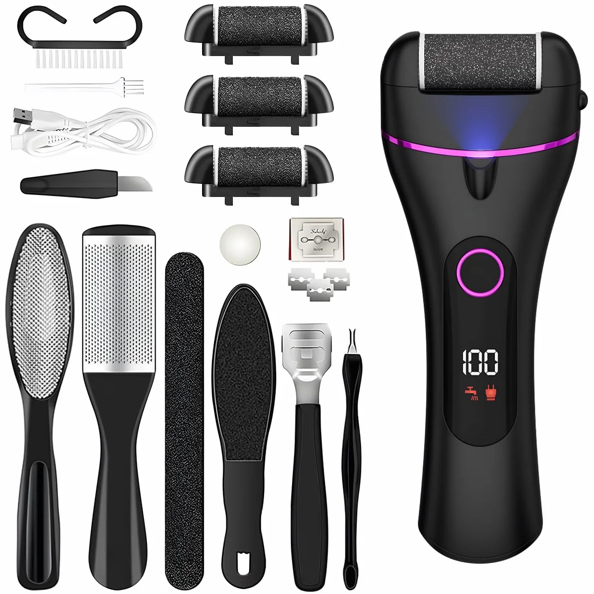 Pedicure Elettrico,Rimuovi Calli Piedi Elettrico,Pedicure Piedi Rimozione,con 3 Velocità,3 Rulli Di Ricambio,IPX6 Impermeabile per Talloni Screpolati,Calli,Pelle Morta(Nero)