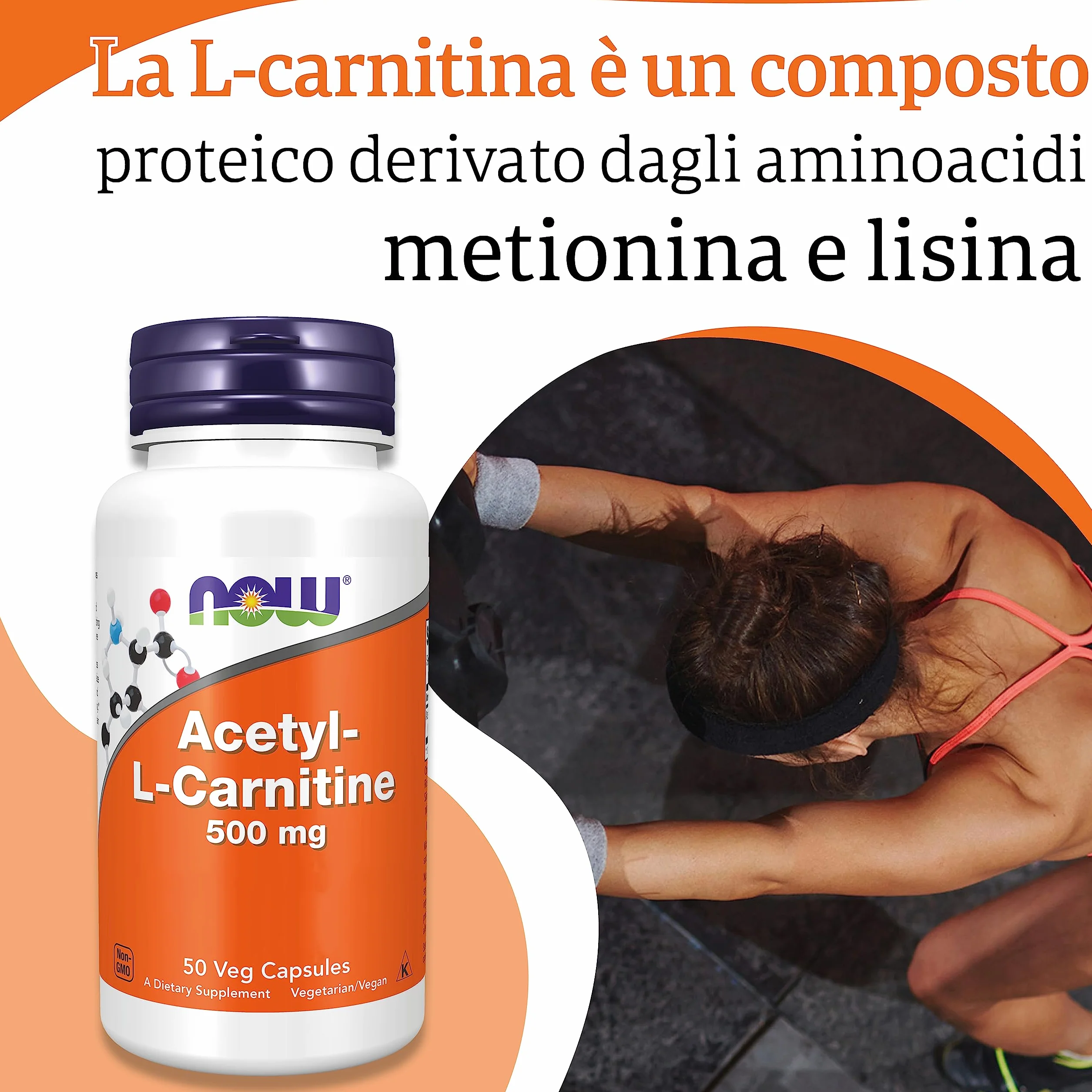 Now Foods, Acetyl-L-Carnitin, 500 mg, 50 Capsule vegan, Testato in Laboratorio, Aminoacido, Senza Glutine, Senza Soia, Vegetariano