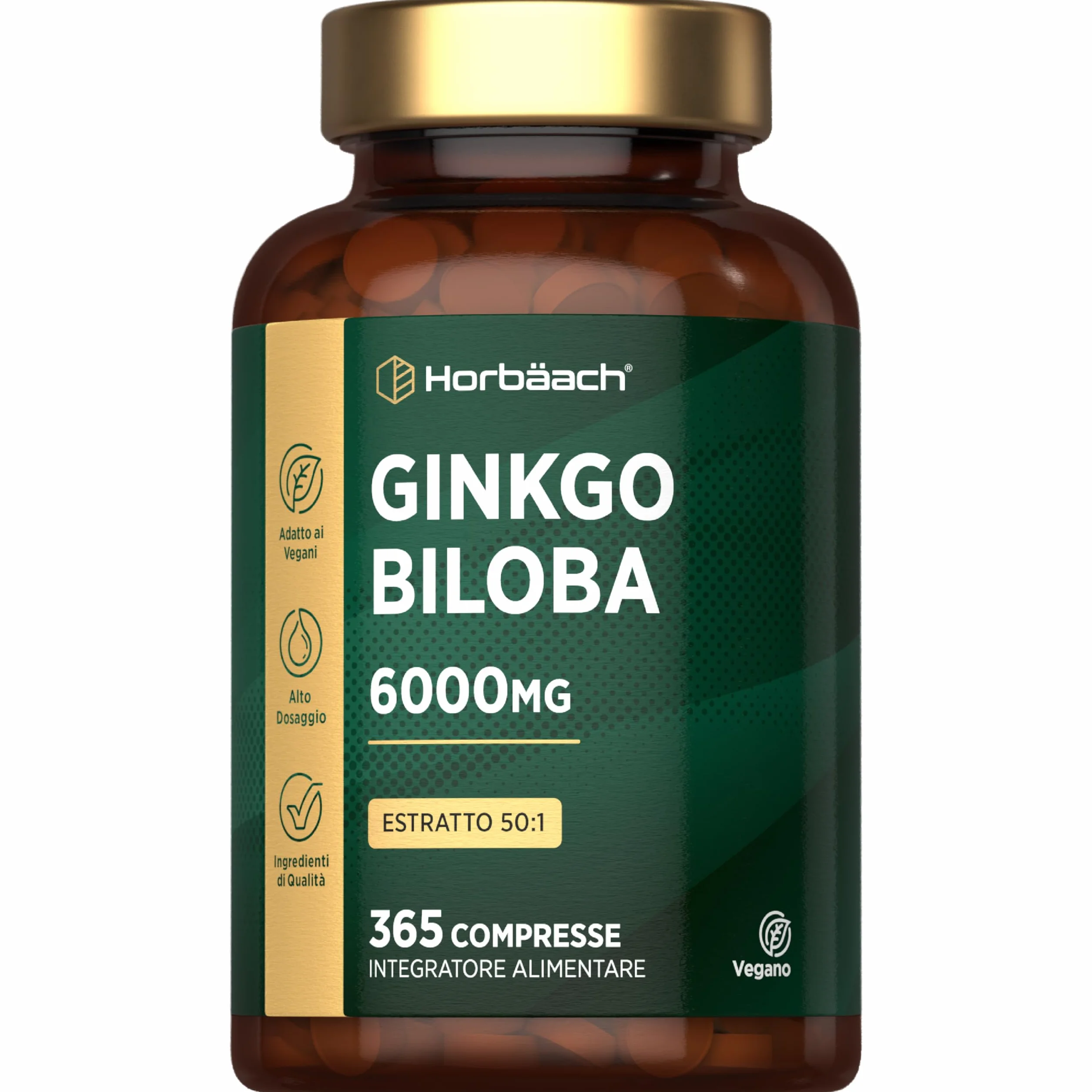 Horbaach Ginkgo Biloba 6000mg 365 Compresse Vegane Estratto 50:1 Alto Dosaggio