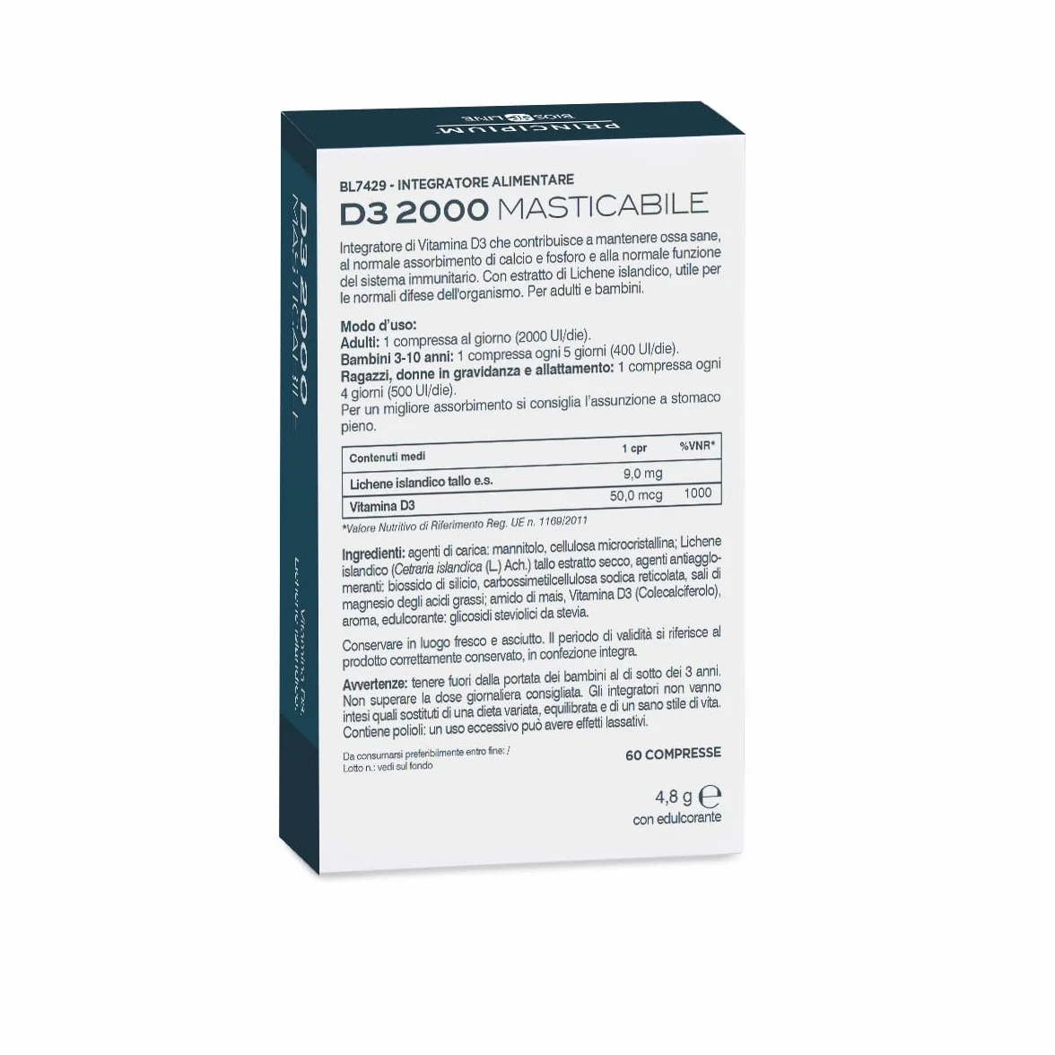 BIOS LINE Principium D3 2000, Integratore di Vitamina D3 con Lichene Islandico, Integratore Bambini e Adulti per Ossa e Denti, 60 Compresse Masticabili