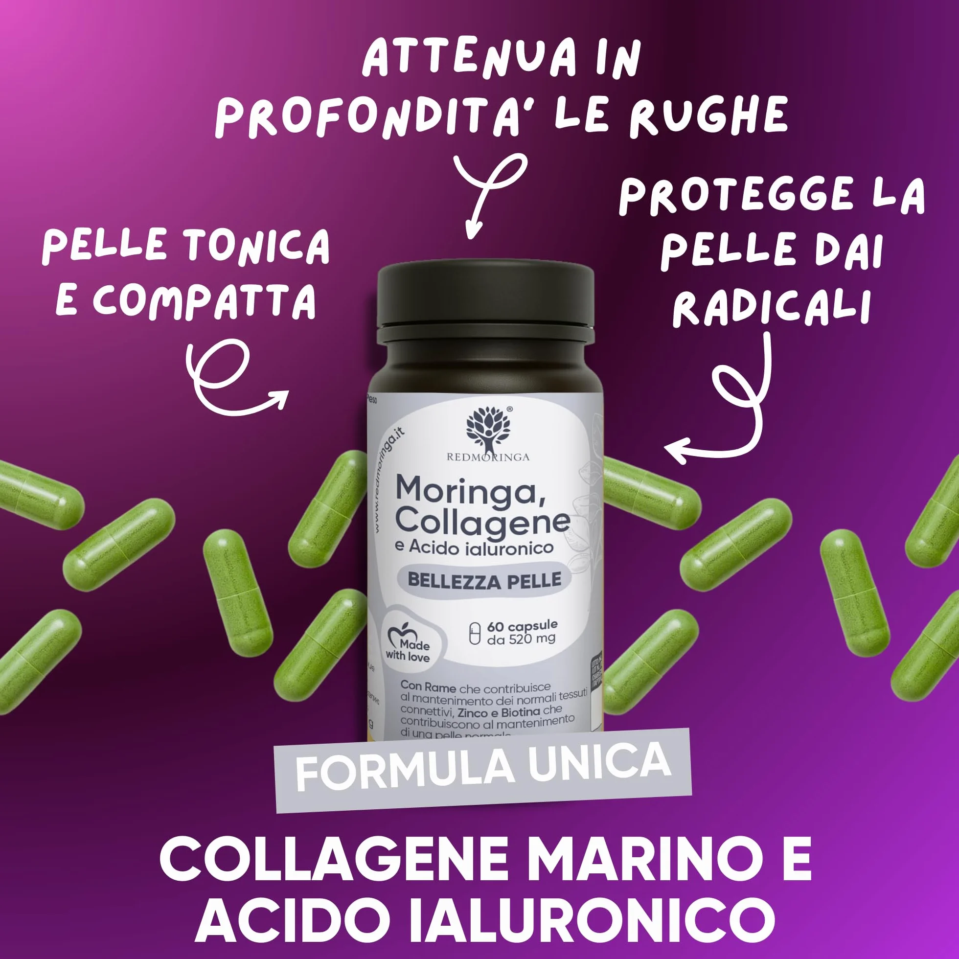 Collagene Marino Idrolizzato con Moringa BIO Integratore Pelle e Articolazioni 60 Capsule RedMoringa
