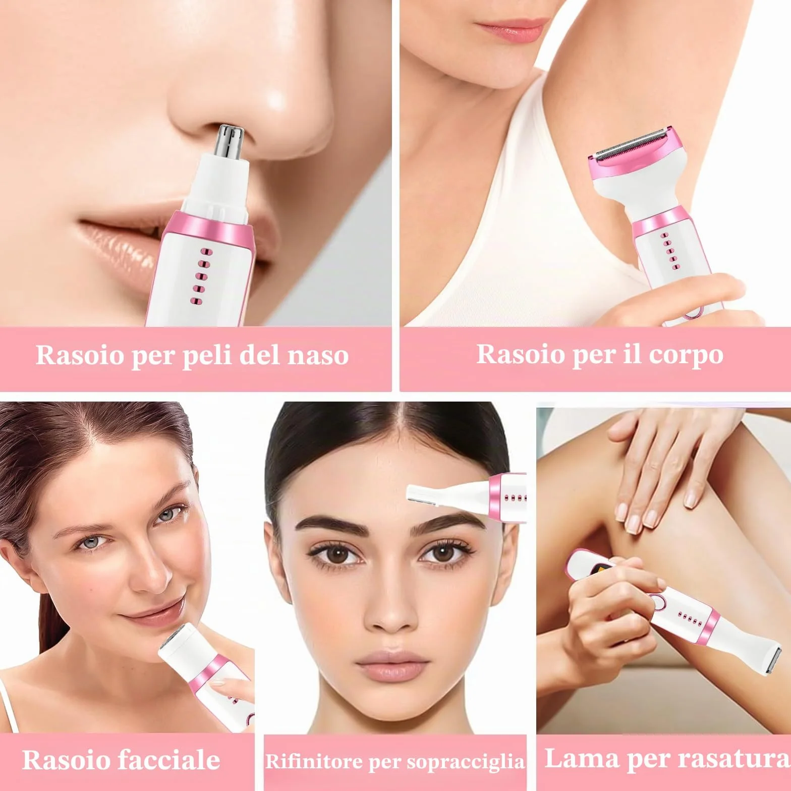 Rasoio Elettrico Donna, 5 in 1 Rasoio Elettrico Donna, Epilatore Intimo Donna, Utilizzo a Secco e Bagnato, per Bikini, Ascelle, Gambe, Sopracciglia e Naso, con Display LED, Ricarica USB
