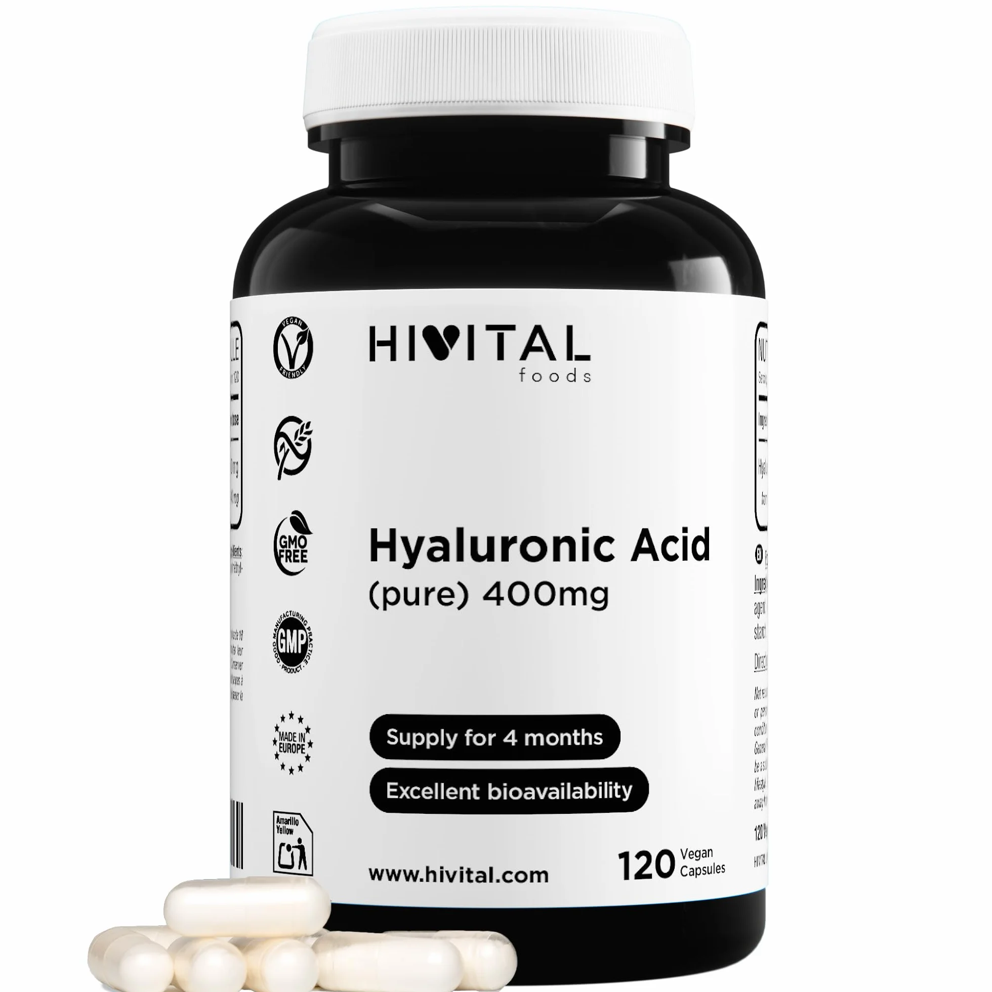 Acido Ialuronico 400 mg 120 Capsule Vegane Ialuronato di Sodio 90% HIVITAL
