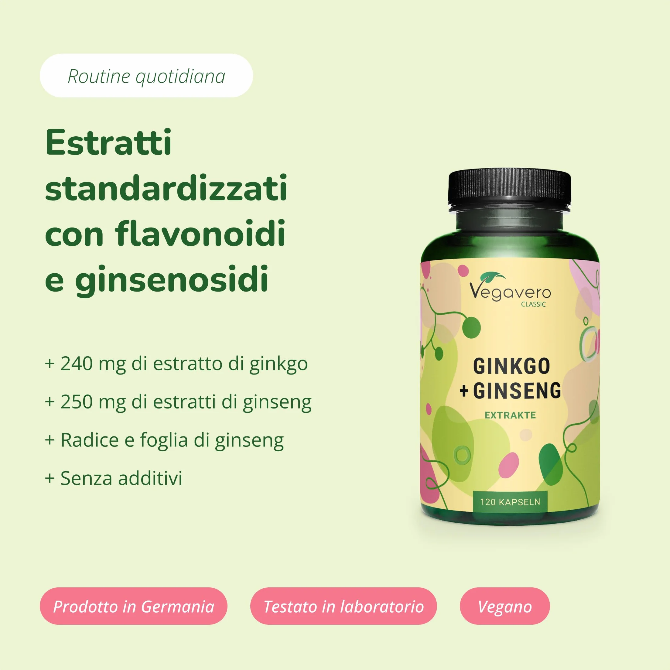 Vegavero® Ginkgo Biloba e Panax Ginseng 120 capsule 20% Ginsenosidi 24% Glucosidi Flavonoidi Vegan