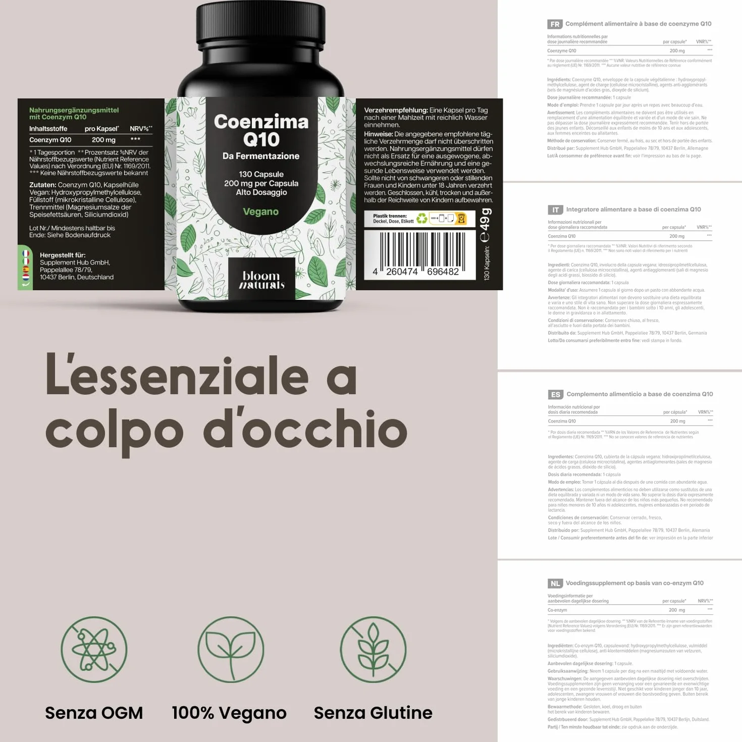 Coenzima Q10 Integratore – 130 Capsule – 200 mg per Capsula – Q10 Coenzima da Fermentazione – Vegano – Prodotto in Germania – Integratore Alimentare - Coq10 200mg Testato in Laboratorio