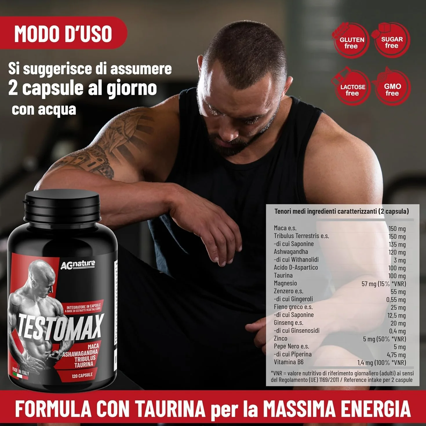 AG nature Testosterone Uomo Aumento Massa Muscolare x Palestra 120 Capsule | Integratore Forte Energizzante con Maca Peruviana, Magnesio, Zinco e Vitamina B6