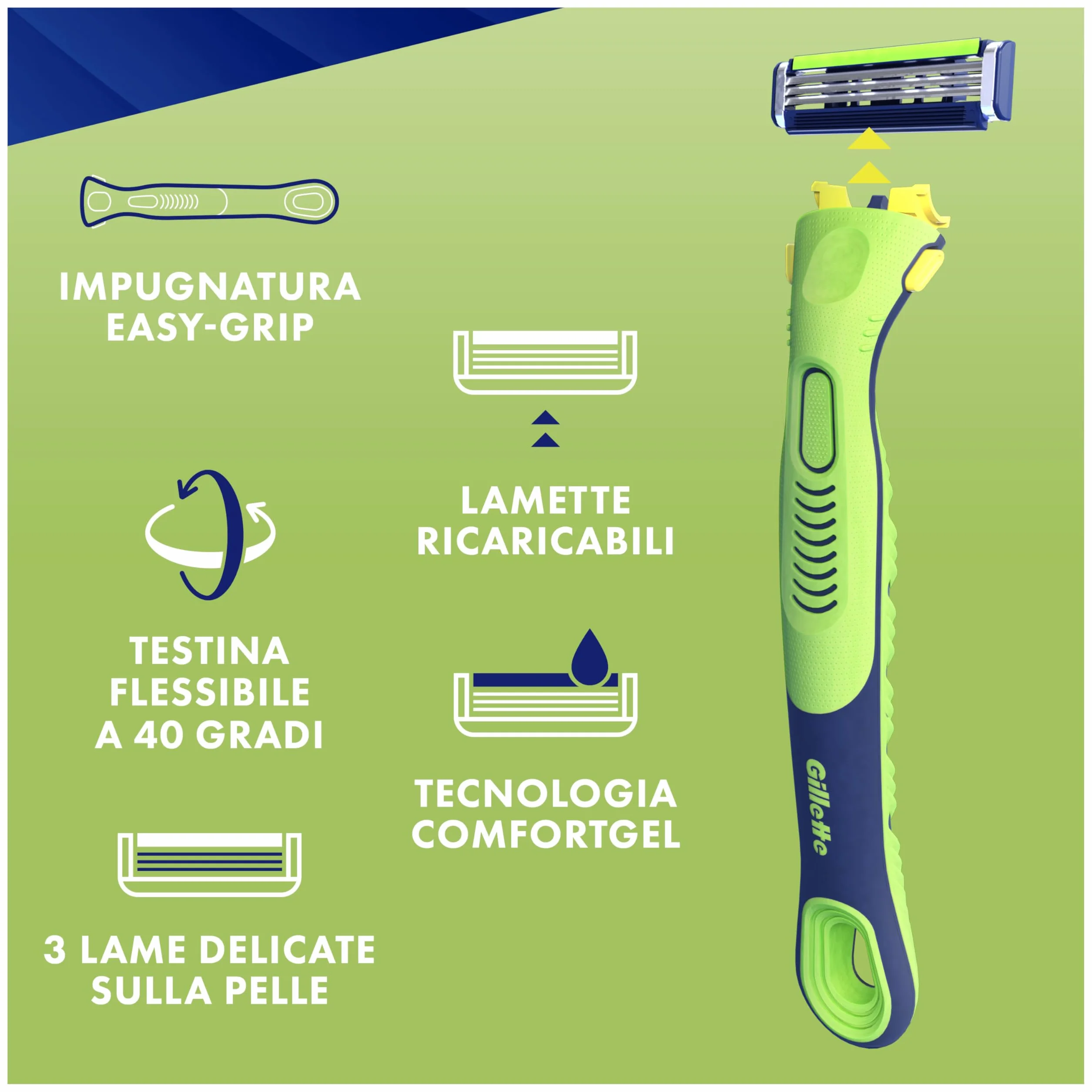 Gillette Sensor 3+ Sensitive Rasoio Da Uomo Con Testina Oscillante A 40° E 3 Lame Delicate, 1 Manico + 9 Lamette Di Ricambio