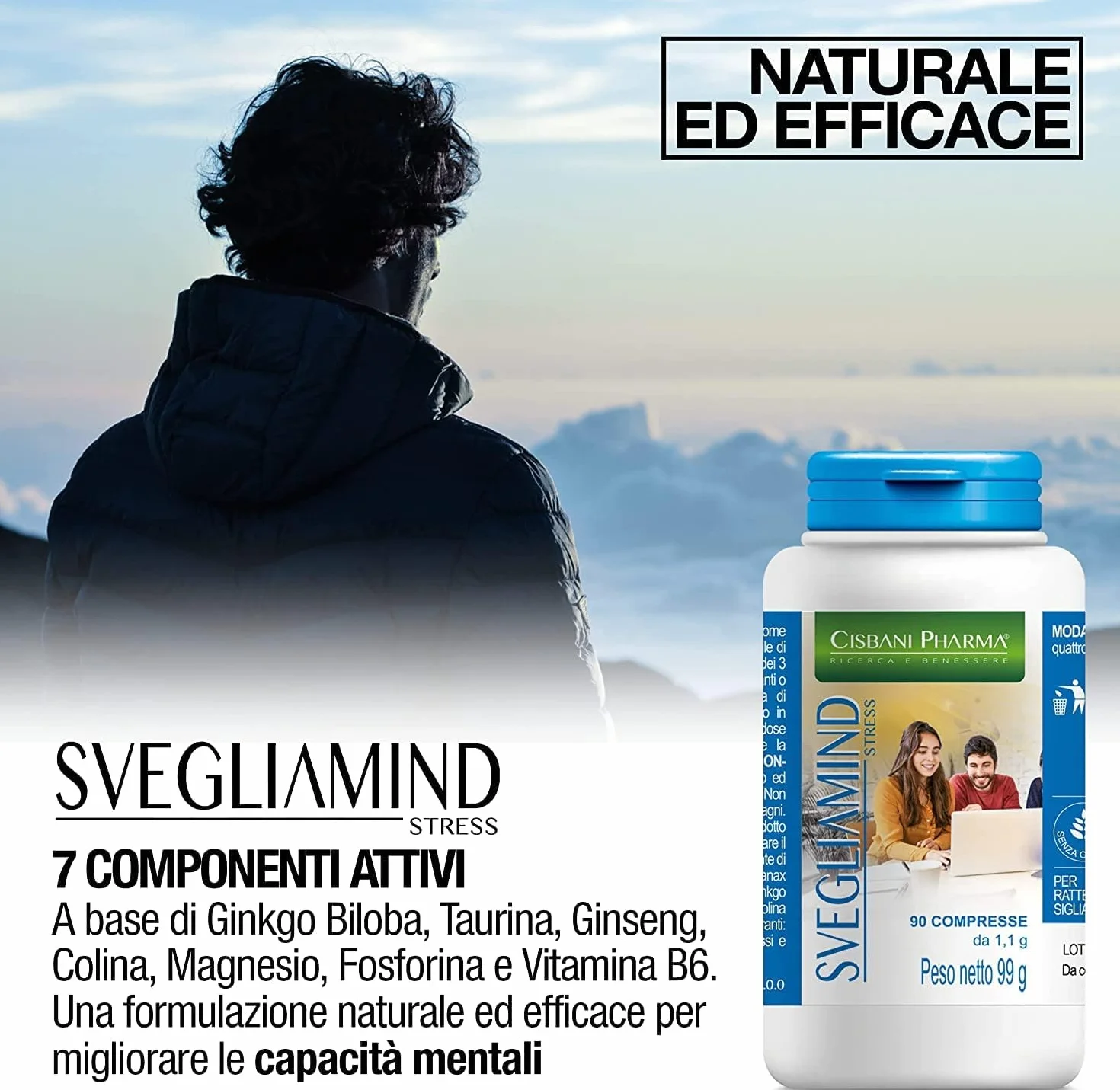 CISBANI PHARMA SVEGLIAMIND, Integratore Nootropico per Concentrazione e Memoria - 90 compresse con Ginkgo Biloba, Fosforo, Magnesio, Taurina, Ginseng, Vitamina b6 e Colina, Riduce la stanchezza