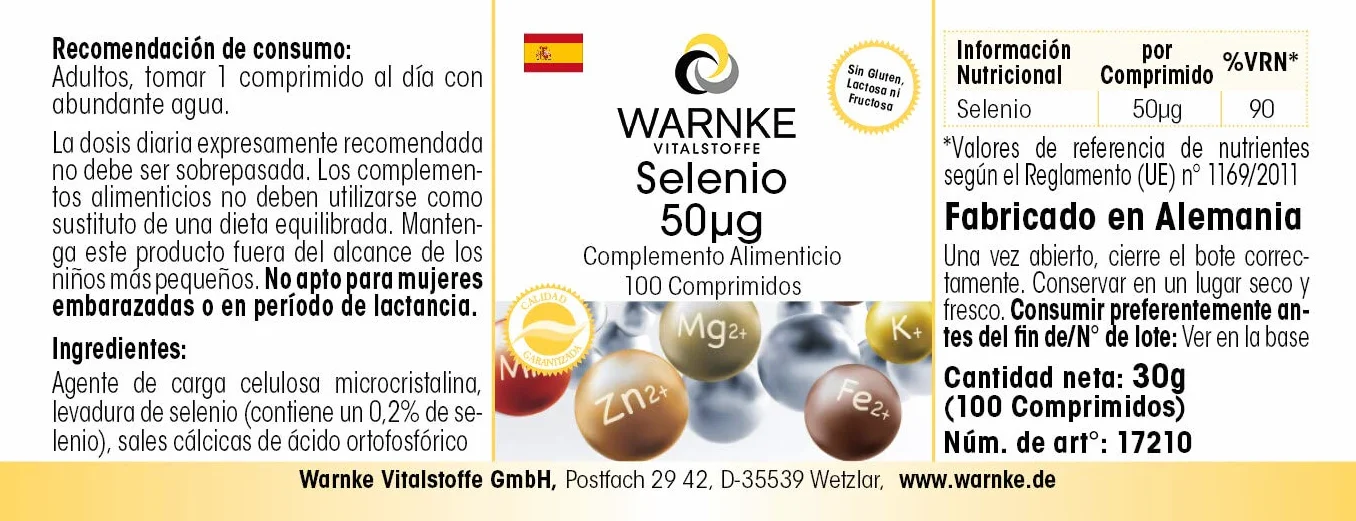 Selenio 50 mcg - 100 compresse - Antiossidante | Warnke Vitalstoffe - Qualità da farmacia tedesca
