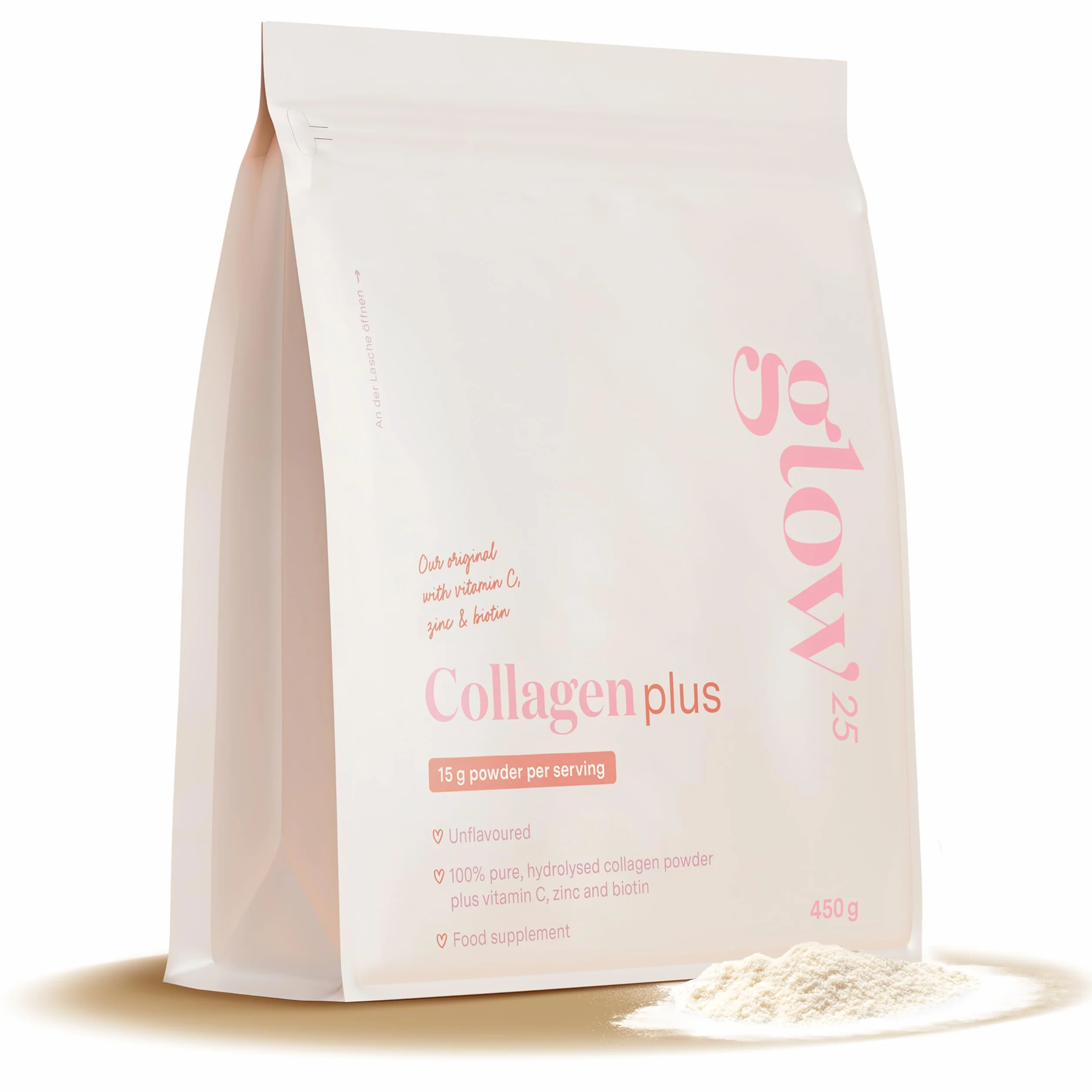 Glow25® Collagen Plus 450 g – Peptidi di collagene di tipo I e III con vitamina C, zinco e biotina – Formula idrolizzata ad alta biodisponibilità – Collagene in polvere
