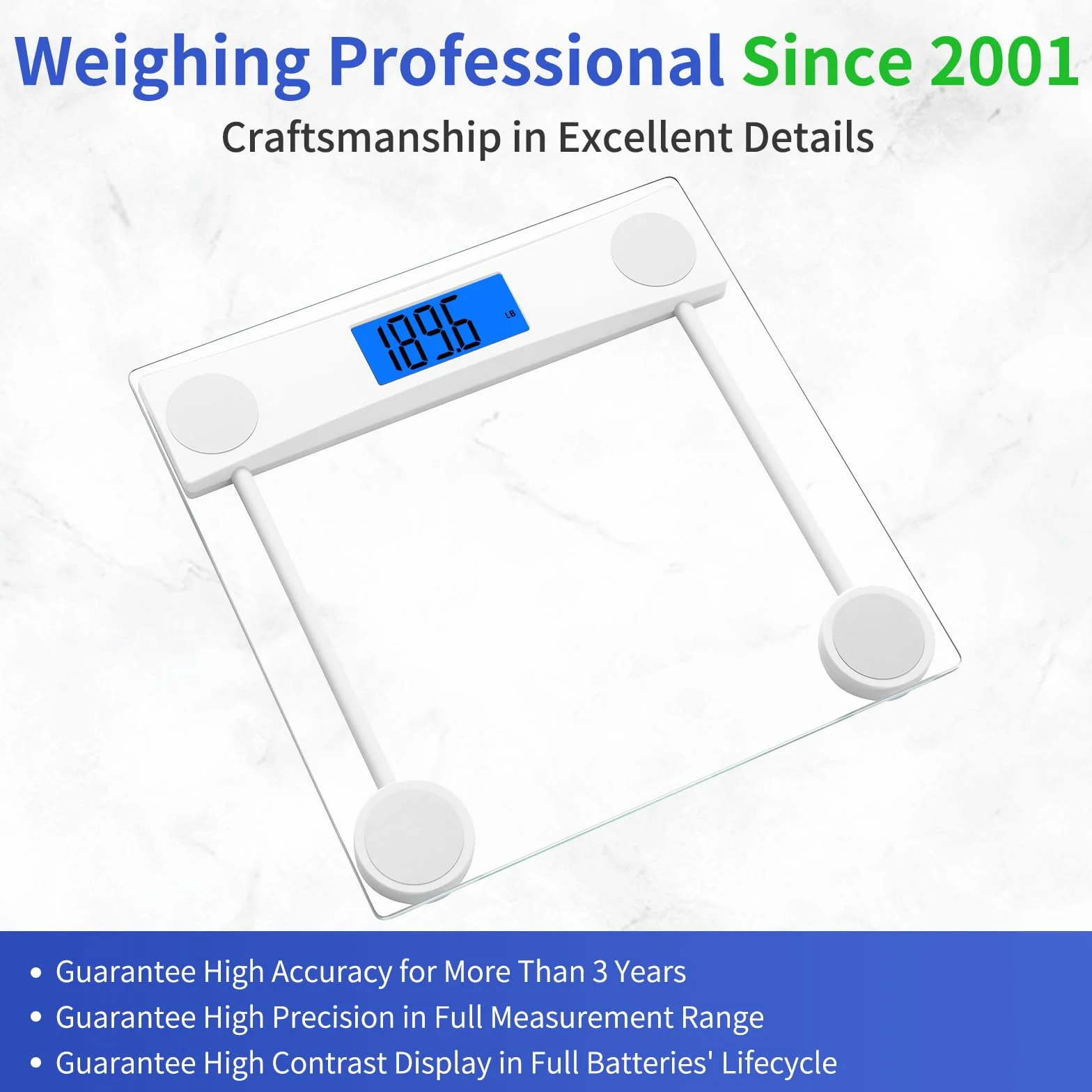 Homebuds Bilancia Pesapersone, Alta Precisione Assicurato dalla fabbrica professionale di Bilancia Pesapersone Digitale dal 2001, LCD retroilluminato blu e Step-On, 2*AAA, 182kg, Vetro Trasparente