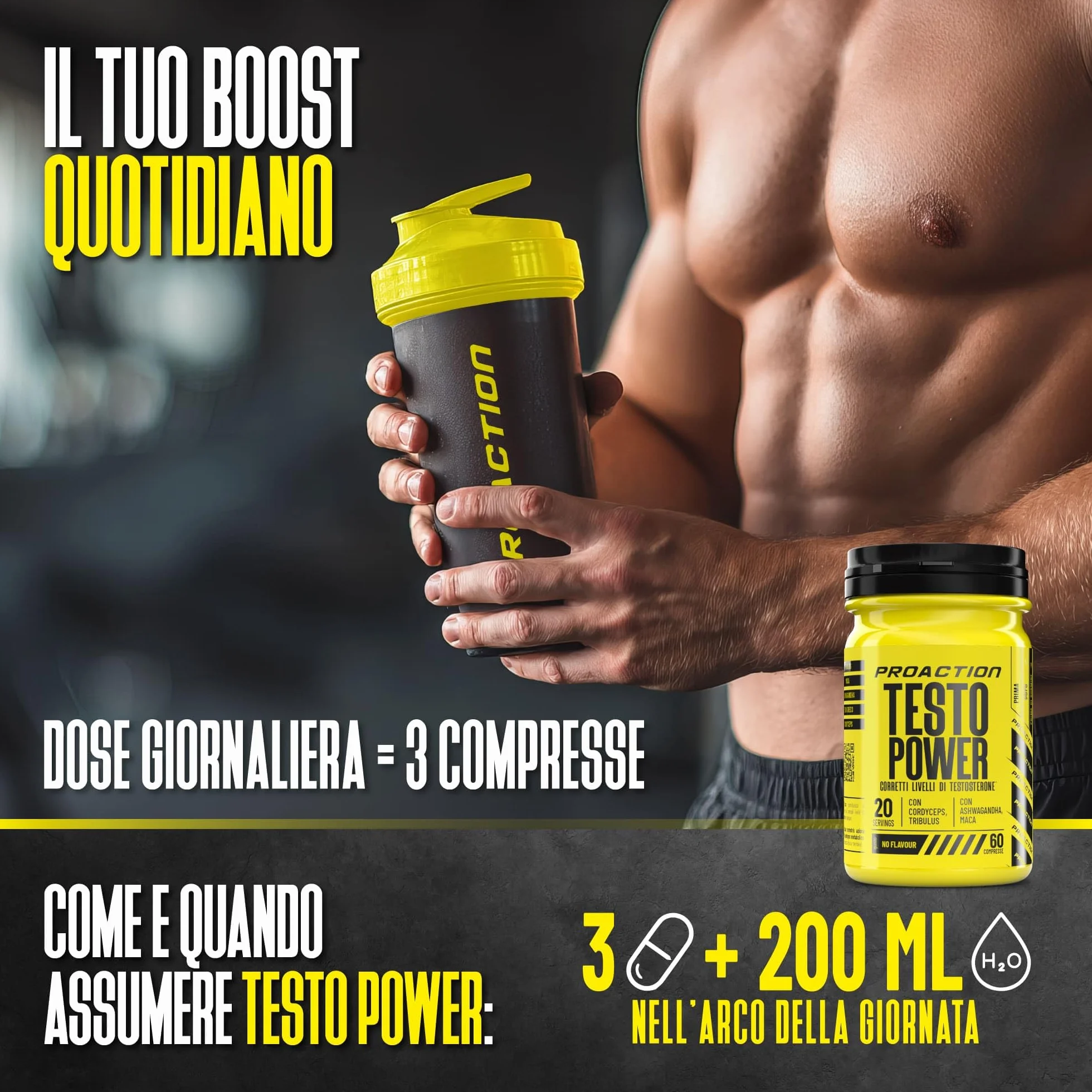 ProAction TESTO POWER | Testosterone Booster con Alto Dosaggio di Tribulus Terrestris, Maca Nera, Fieno Greco, Ashwagandha e Zinco | Integratore Testosterone Uomo per Aumento Massa Muscolare | 60 cpr