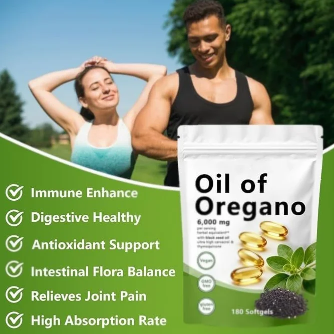 Olio di origano Softgels 180 conteggi 2 in 1 con olio di semi neri carvacrolo timochinone senza glutine non OGM