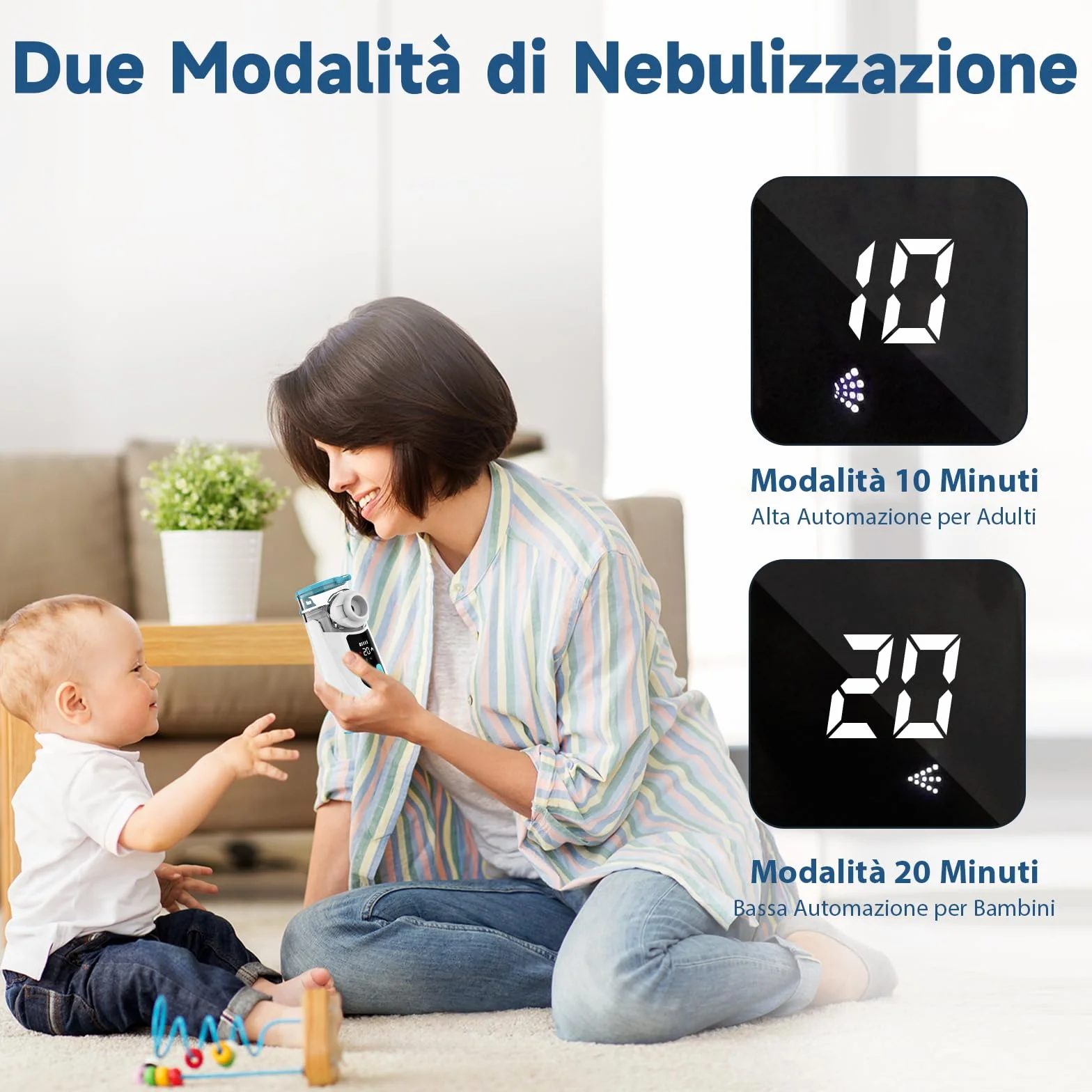 Aerosol Portatile Silenzioso Ricaricabile Ultrasuoni con 2 Maschere e Boccaglio