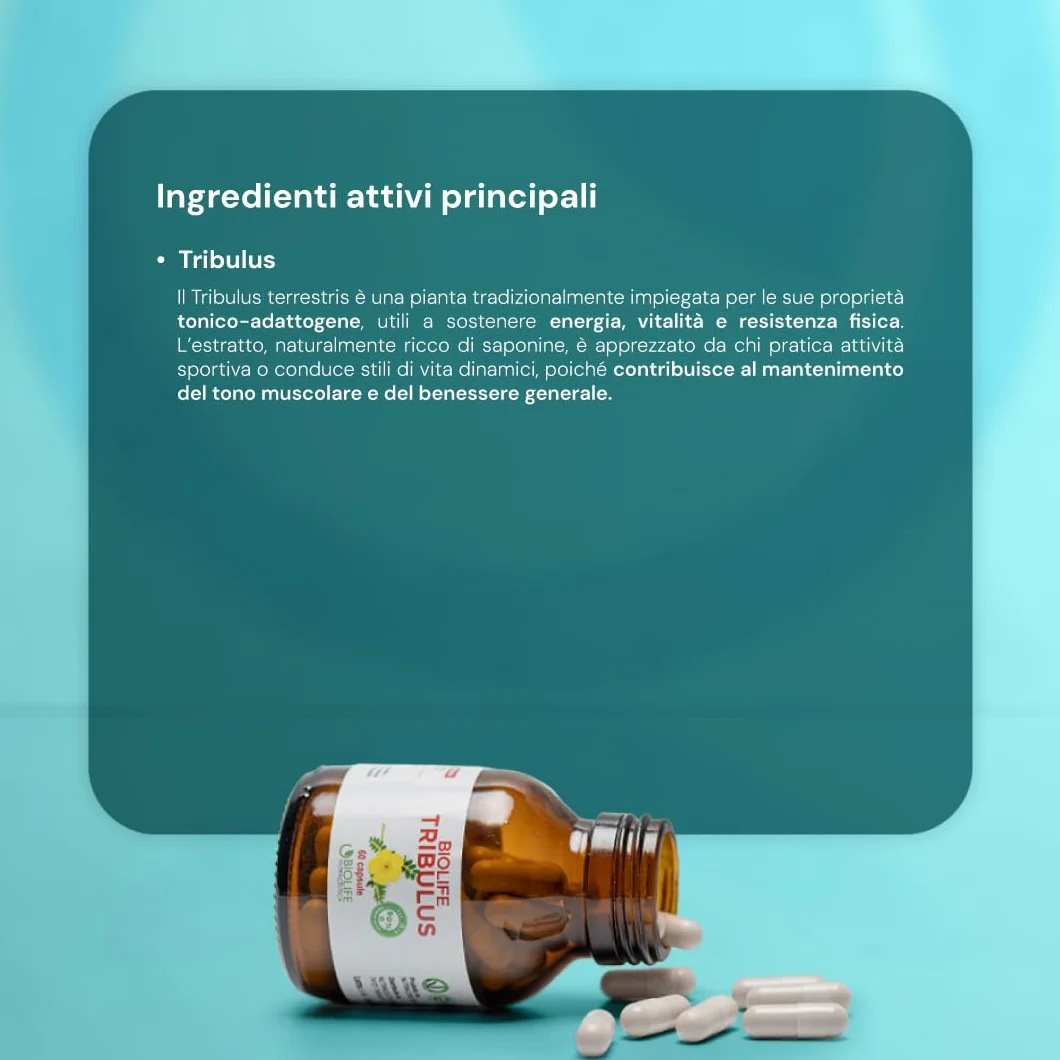 BIOLIFE Tribulus Terrestris 60 capsule 655 mg Titolato 90% Saponine Attive Prodotto Veganok integratore testosterone uomo